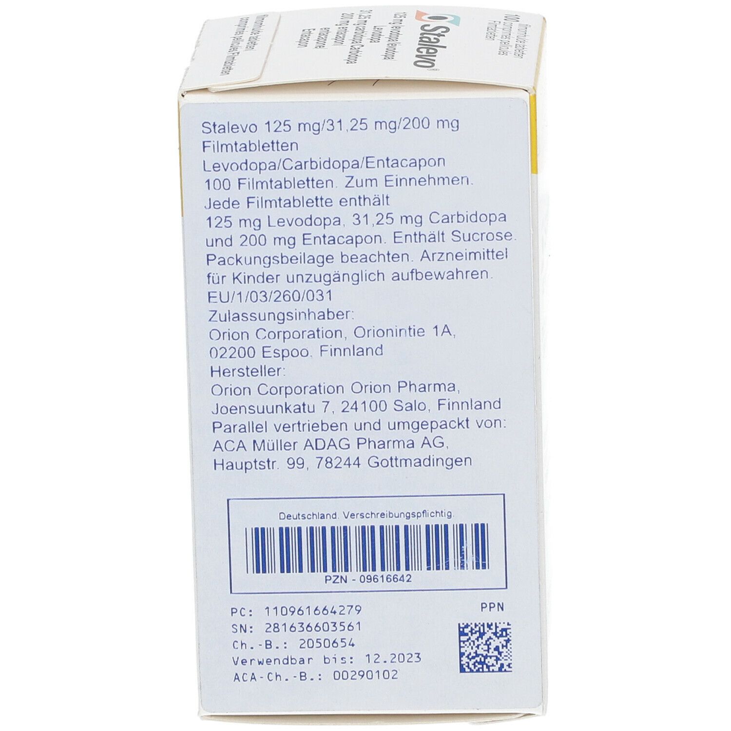 Schachtel STALEVO 125/31.25/200mg. 100 Filmtabletten. Produktinformationen und Herstellerangaben. Barcode und PZN-Nummer.