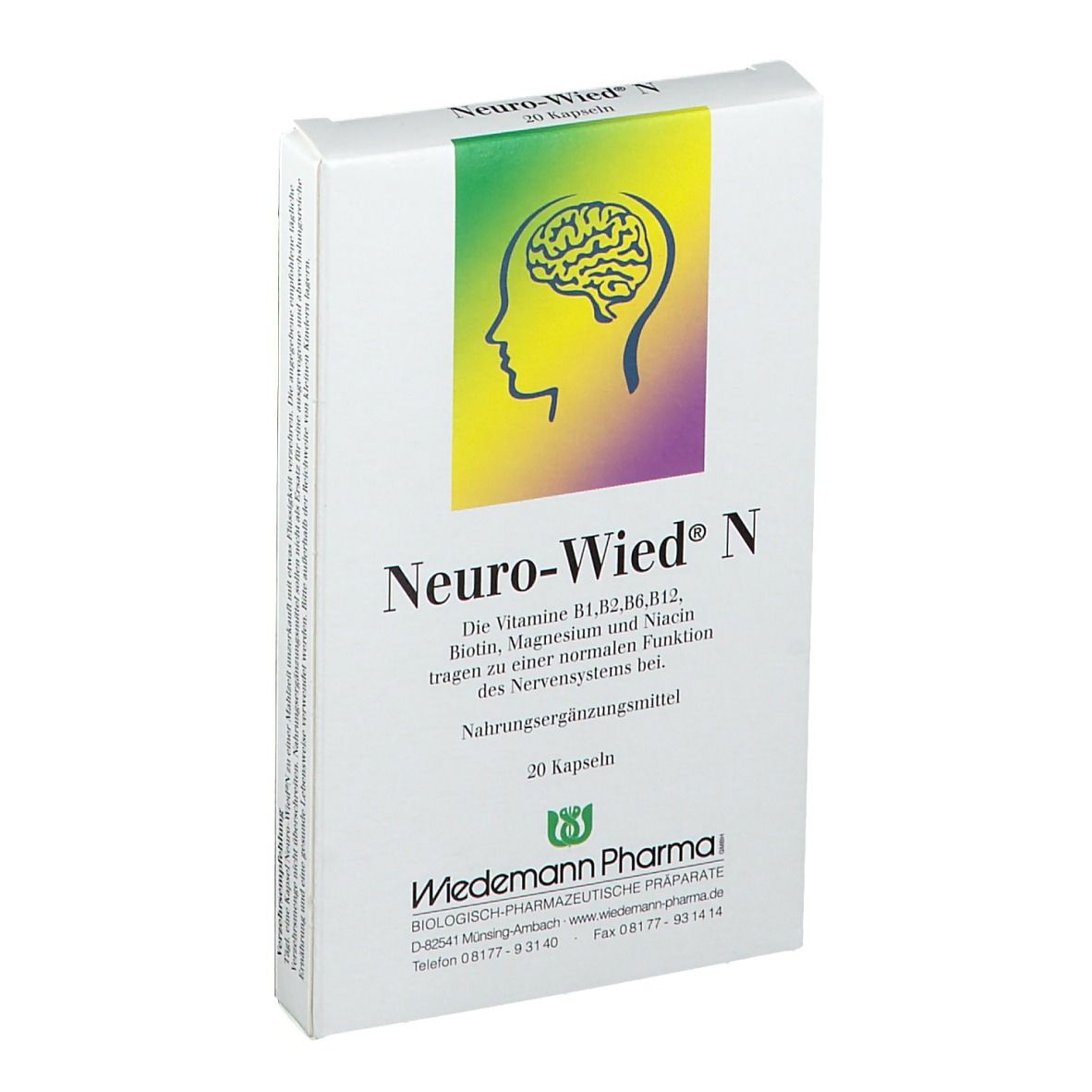Weiße Schachtel mit "Neuro-Wied® N"-Logo und 20 Kapseln. Grün-gelber Hintergrund mit Gehirn-Silhouette. Text: Nahrungsergänzungsmittel.