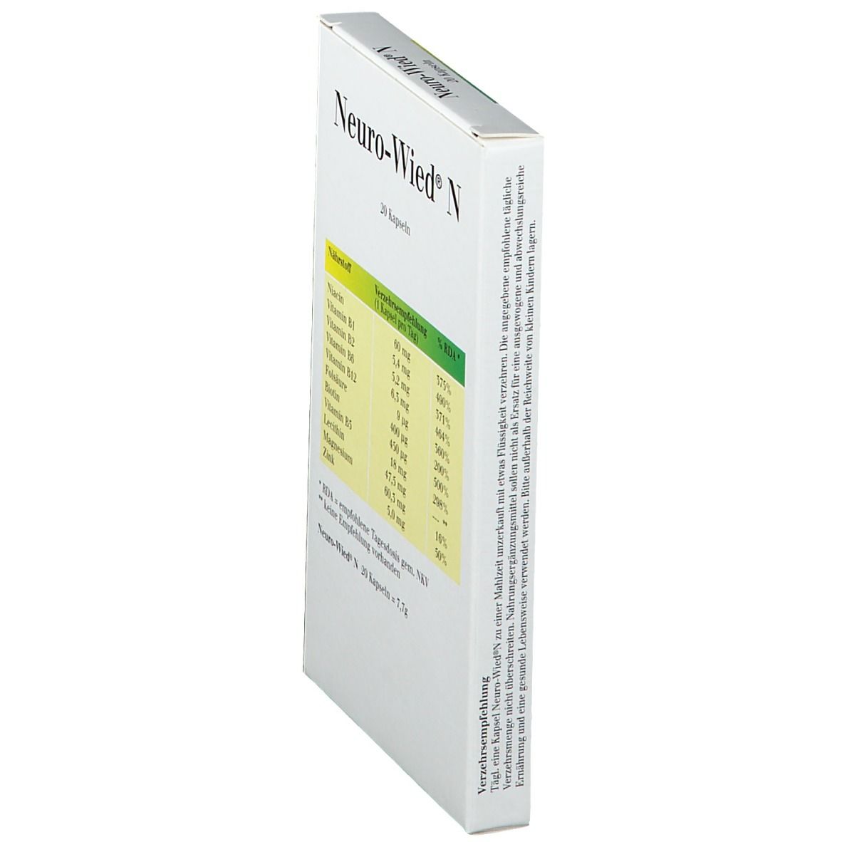 Schachtel "Neuro-Wied® N" von der Seite. Enthält Nährwerttabelle. Text: Nahrungsergänzungsmittel. 20 Kapseln. Wiedemann Pharma.
