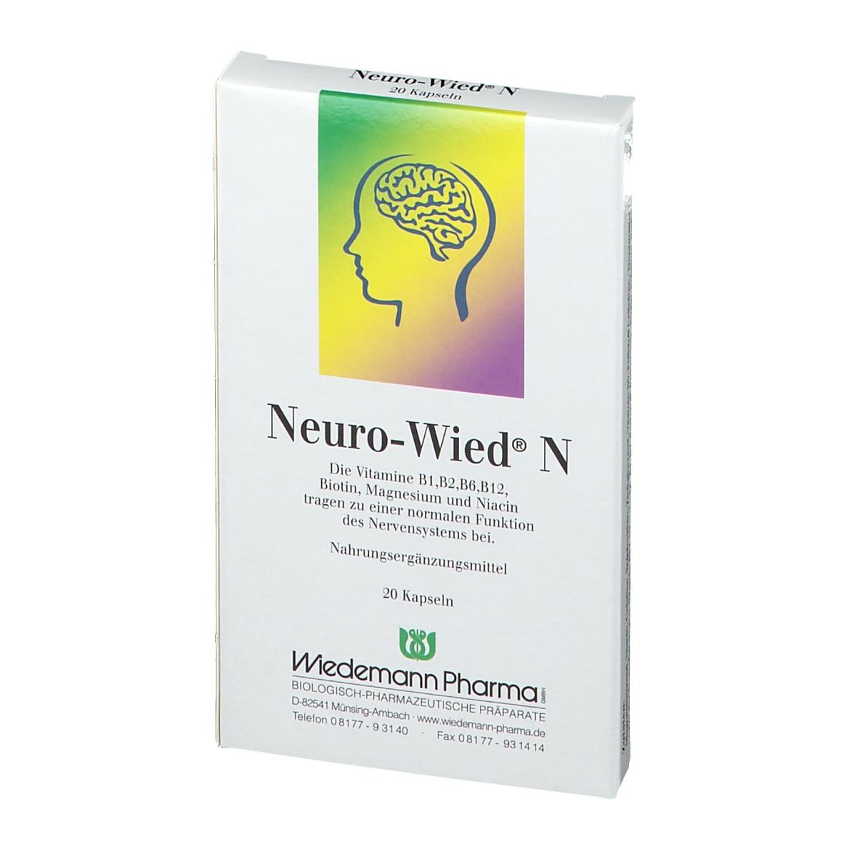 Weiße Schachtel "Neuro-Wied® N" mit 20 Kapseln. Grün-gelber Hintergrund mit Gehirn-Silhouette. Text: Nahrungsergänzungsmittel. Wiedemann Pharma.