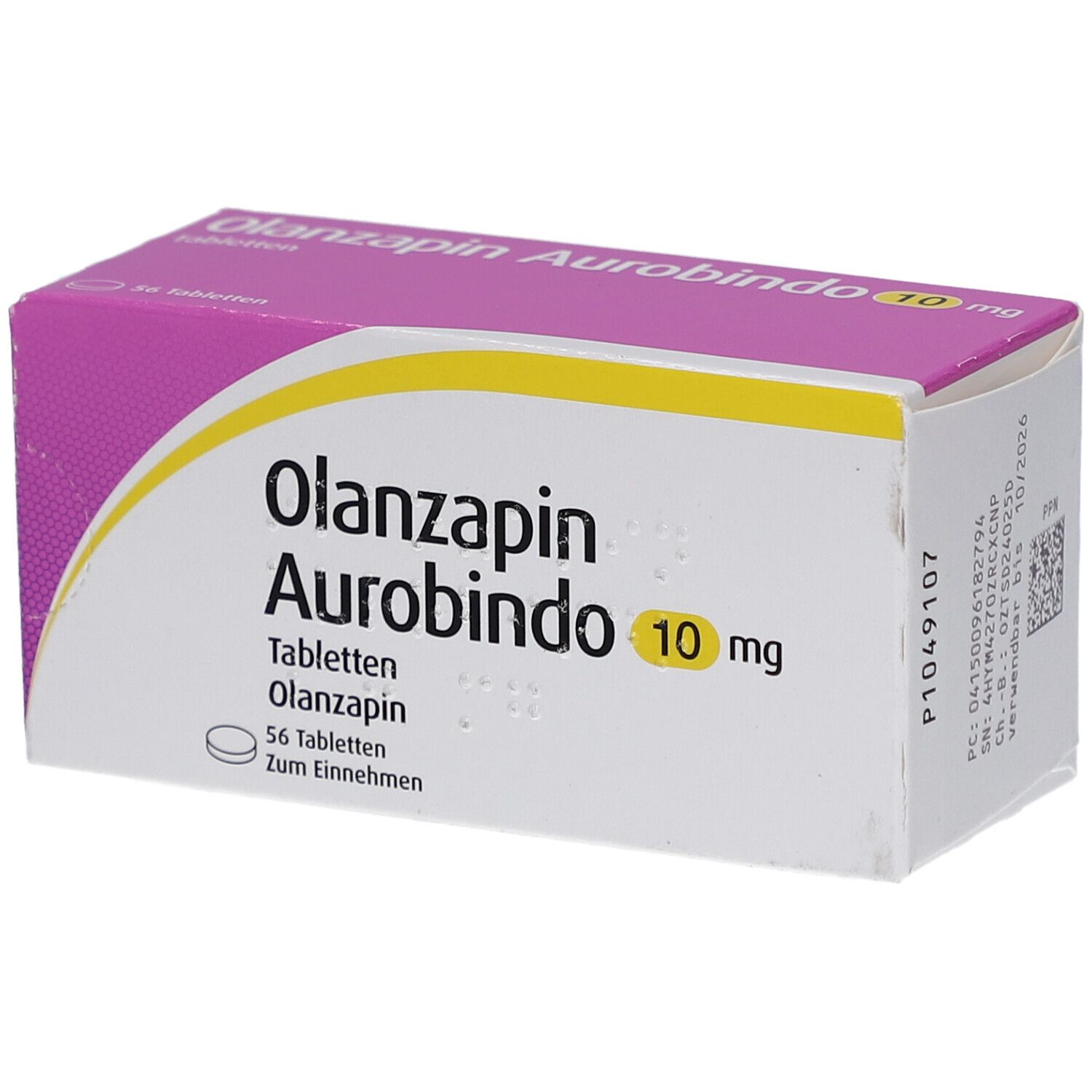 Schachtel OLANZAPIN Aurobindo 10 mg Tabletten. 56 Tabletten. Lila und gelbe Akzente. Produktname und Dosierung deutlich sichtbar.