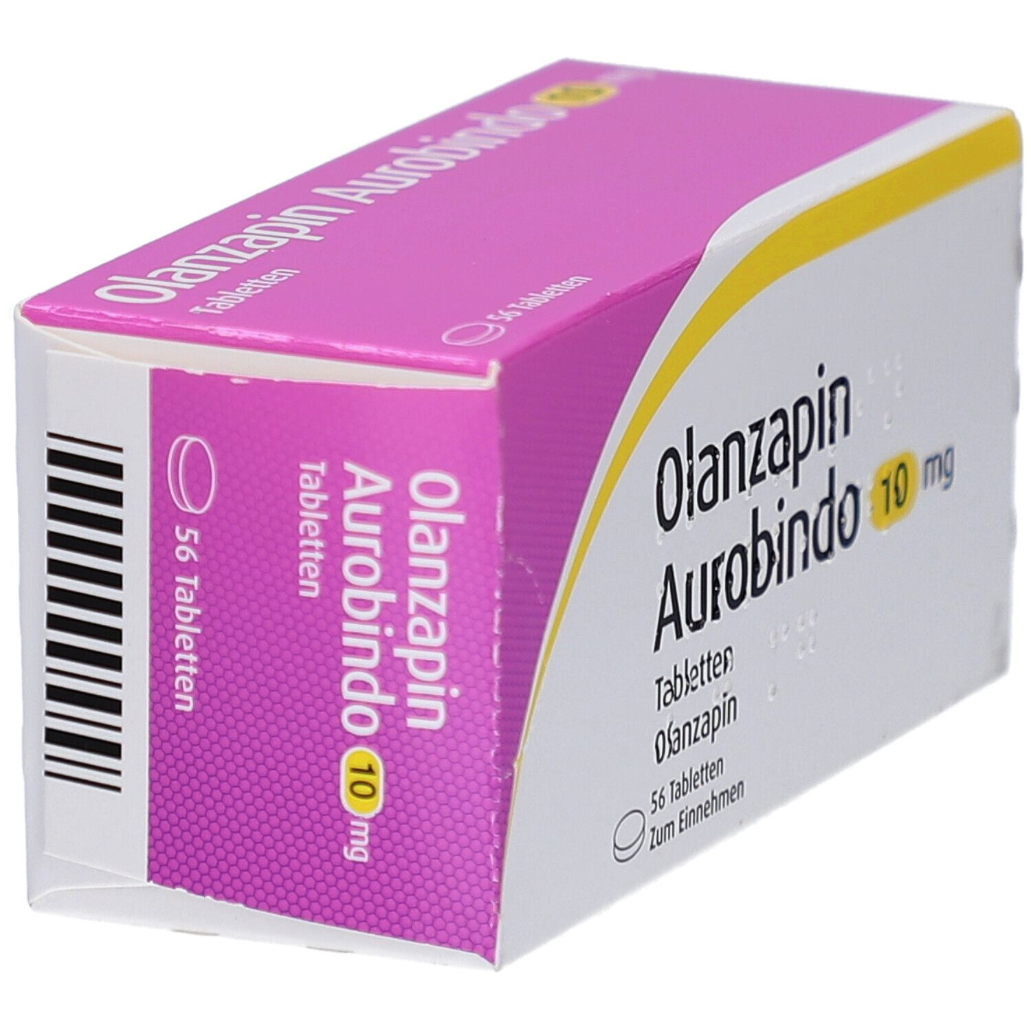 Schachtel OLANZAPIN Aurobindo 10 mg Tabletten. 56 Tabletten. Lila und gelbe Akzente. Barcode auf der Seite.
