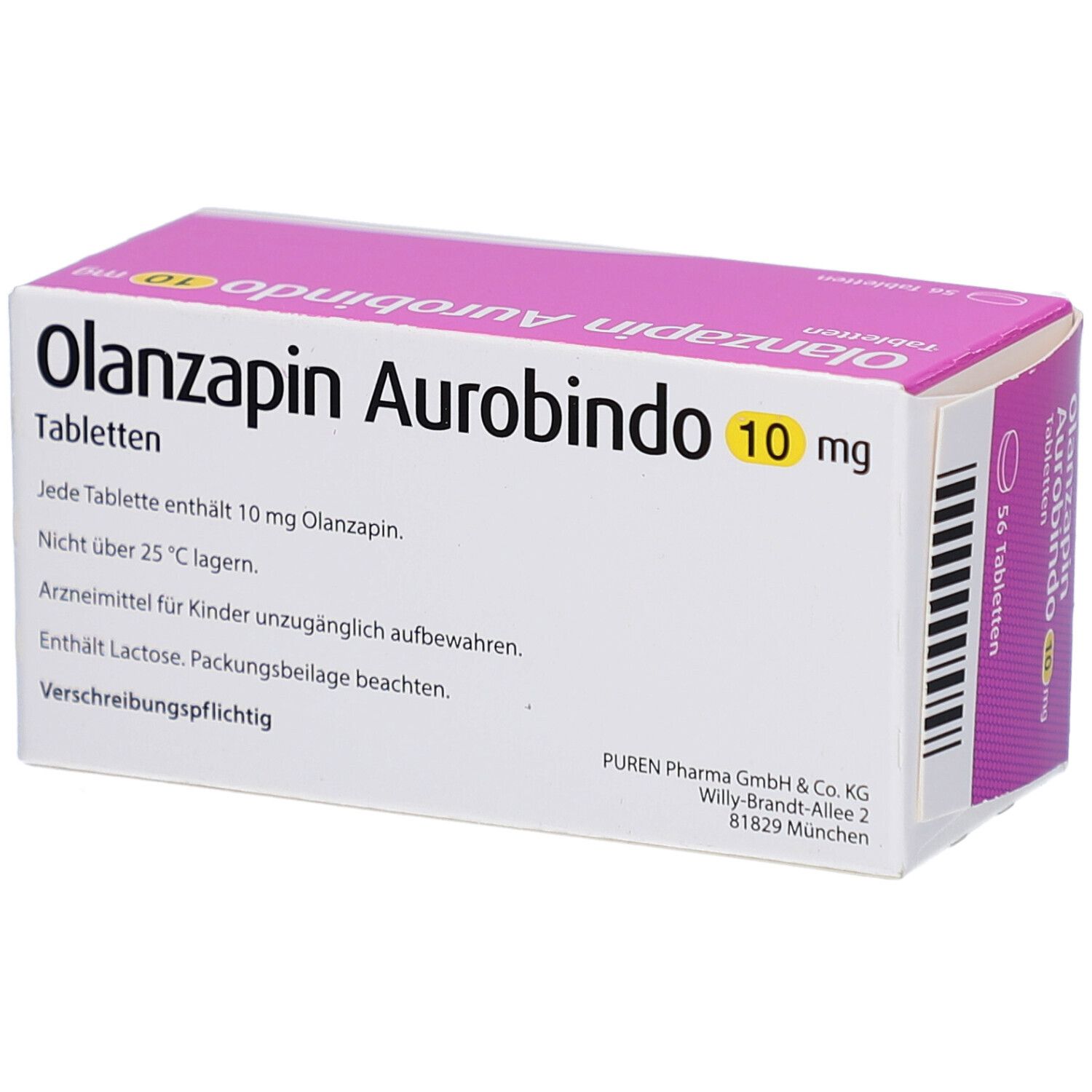 Schachtel OLANZAPIN Aurobindo 10 mg Tabletten. 56 Tabletten. Textinformationen auf der Verpackung. Herstelleradresse.