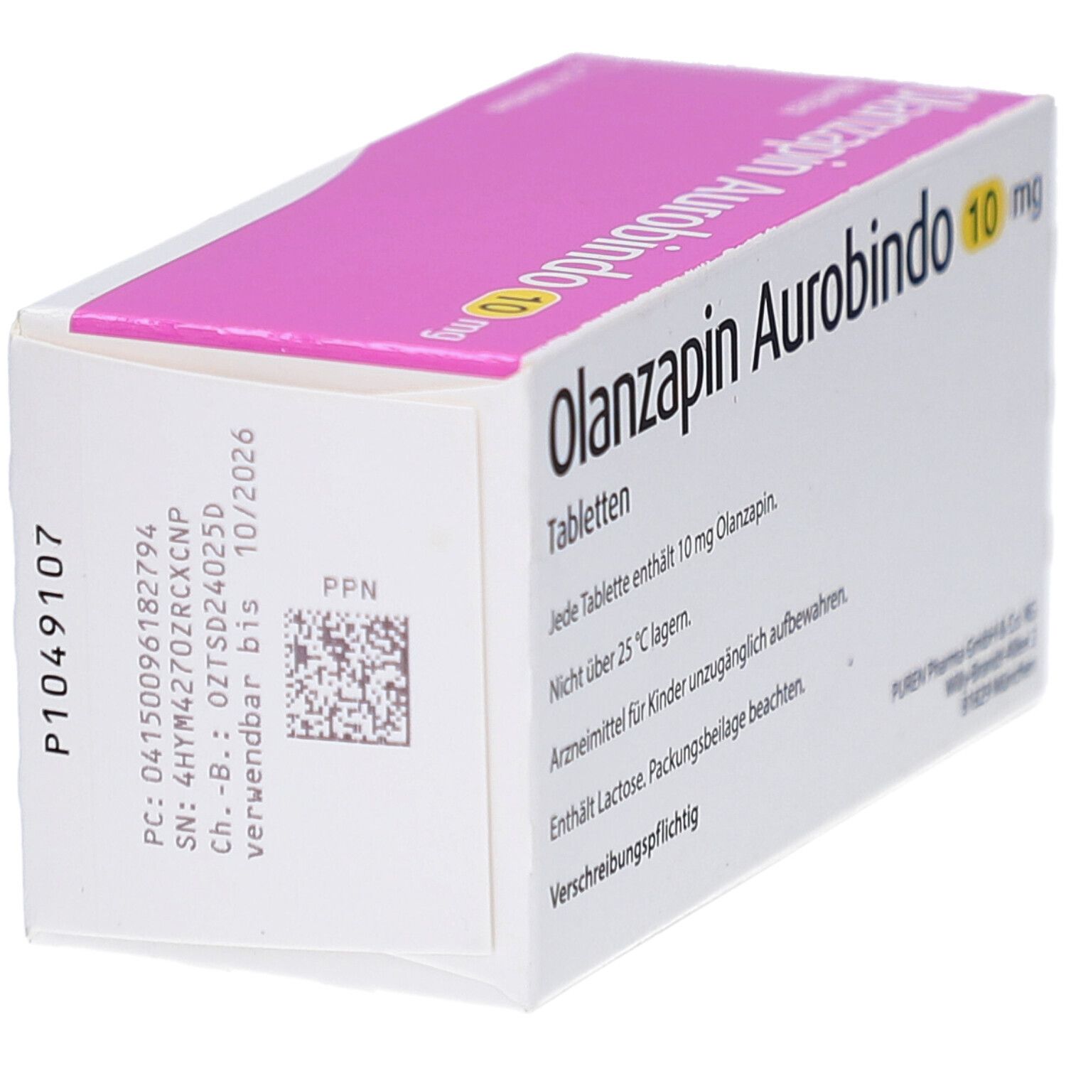 Schachtel OLANZAPIN Aurobindo 10 mg Tabletten. 56 Tabletten. Textinformationen auf der Verpackung. Chargennummer und Verfallsdatum.
