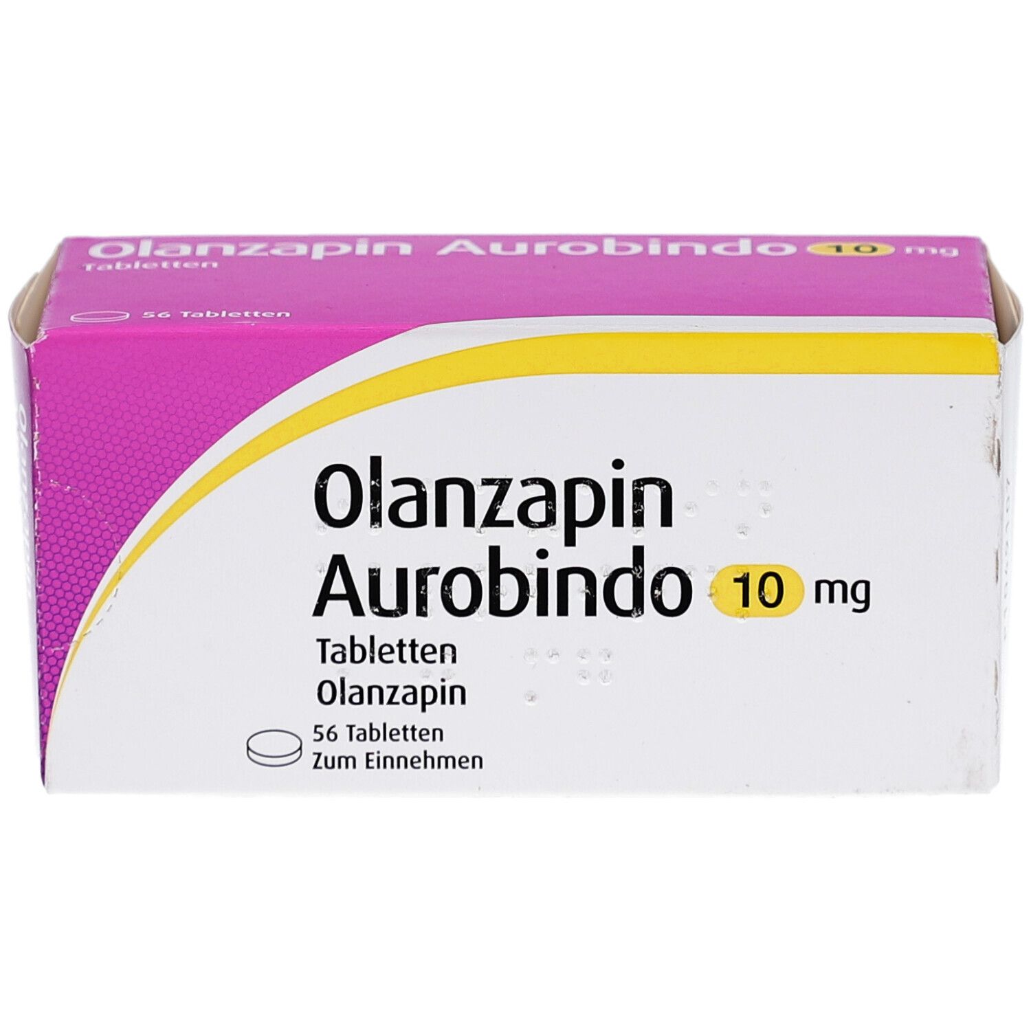 Schachtel OLANZAPIN Aurobindo 10 mg Tabletten. 56 Tabletten. Lila und gelbe Akzente. Produktname und Dosierung deutlich sichtbar.