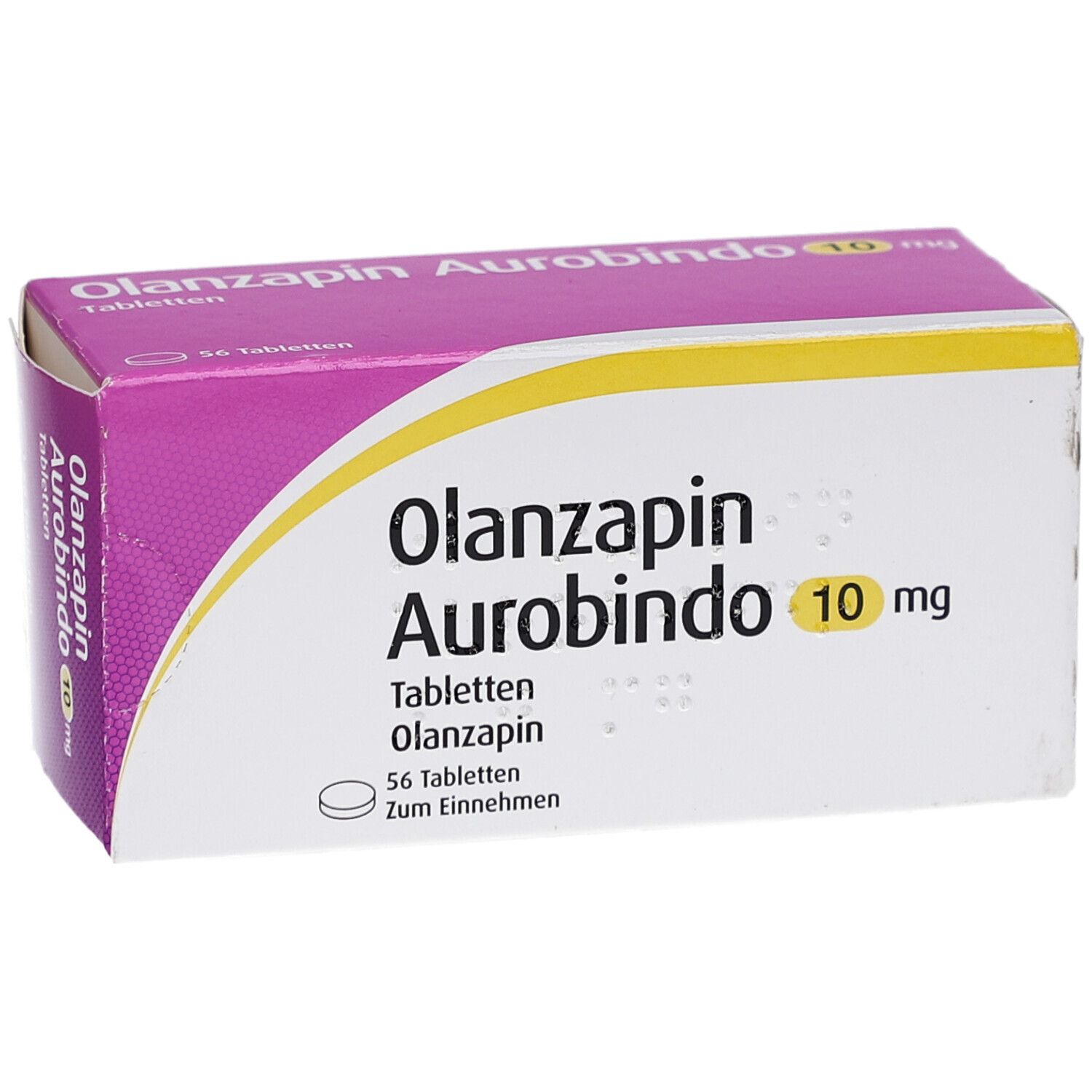 Schachtel OLANZAPIN Aurobindo 10 mg Tabletten. 56 Tabletten. Lila und gelbe Akzente. Produktname und Dosierung deutlich sichtbar.