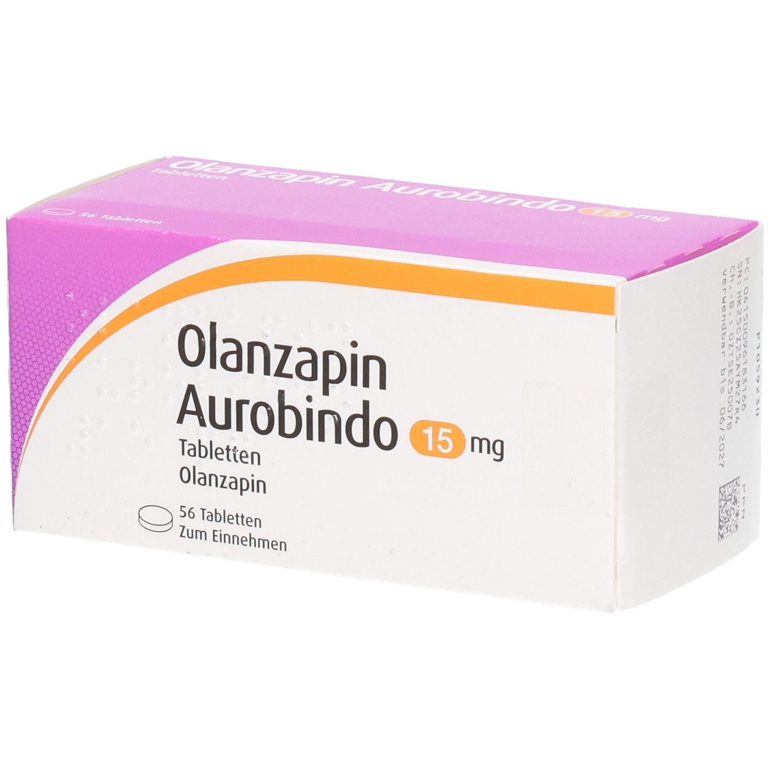 Schachtel OLANZAPIN Aurobindo 15 mg Tabletten. Weiß, pink und orange. Schriftzug: OLANZAPIN Aurobindo 15 mg. 56 Tabletten.