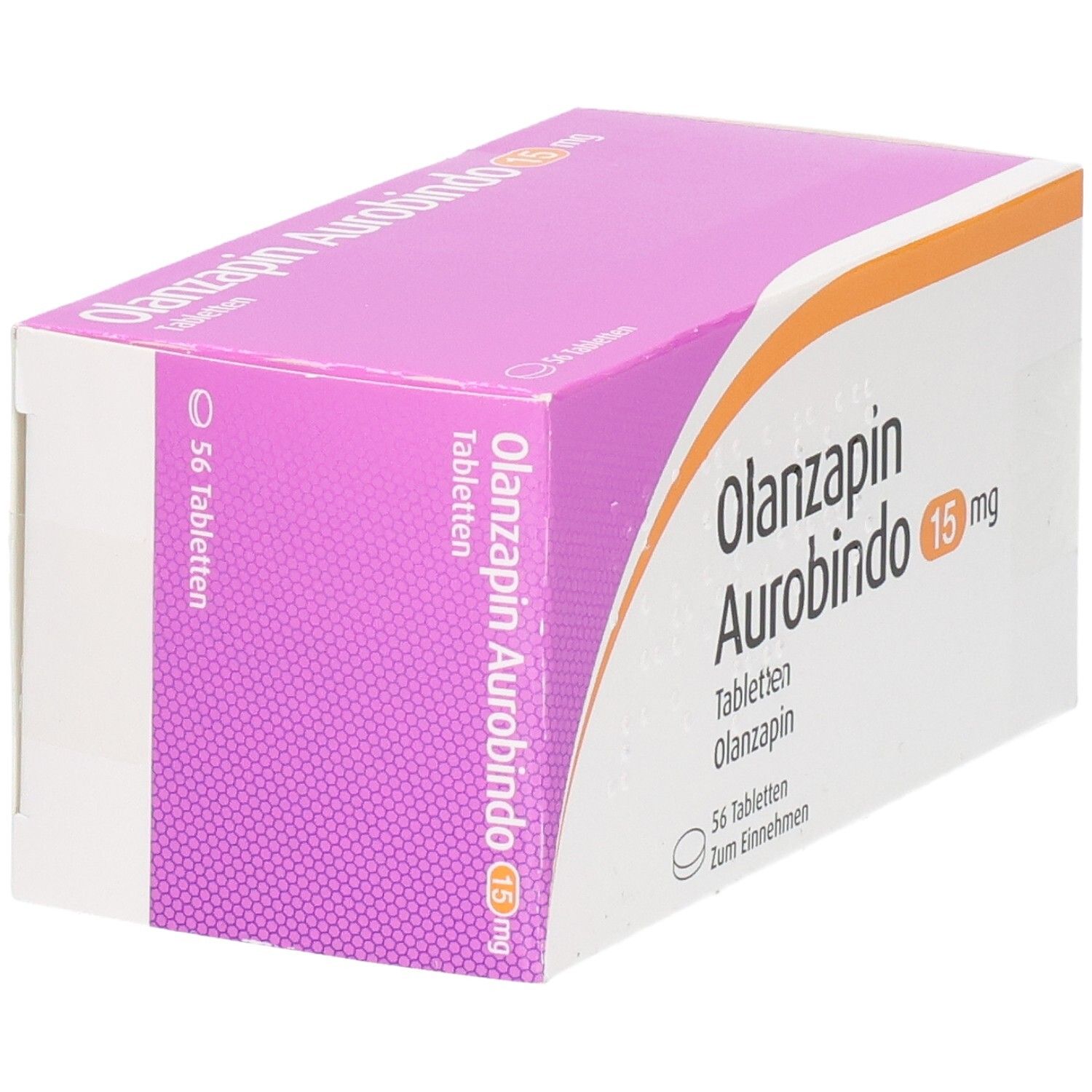 Schachtel OLANZAPIN Aurobindo 15 mg Tabletten. Weiß, pink und orange. Schriftzug: OLANZAPIN Aurobindo 15 mg. 56 Tabletten.