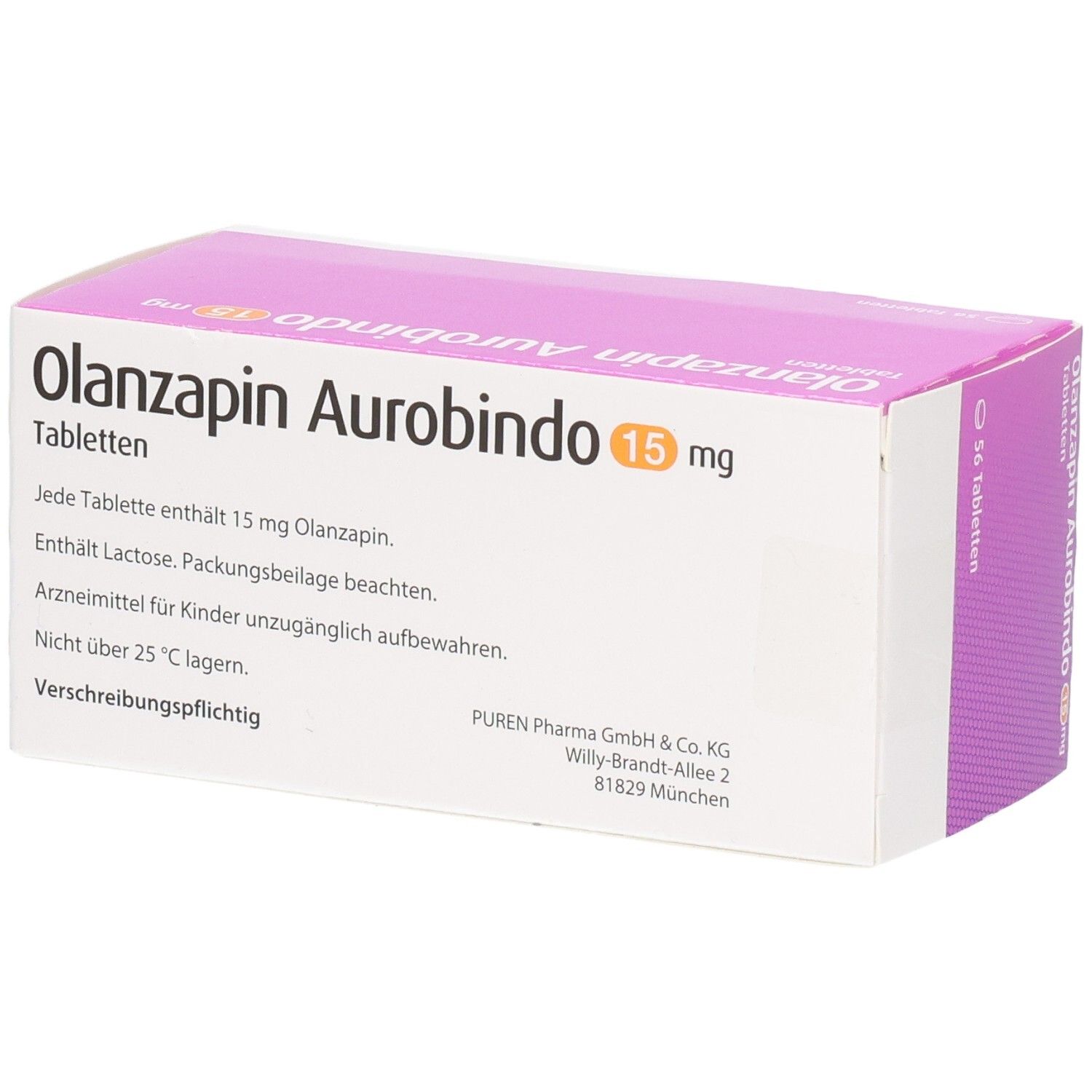 Schachtel OLANZAPIN Aurobindo 15 mg Tabletten. Weiß, pink und orange. Schriftzug: OLANZAPIN Aurobindo 15 mg. Text auf der Rückseite.