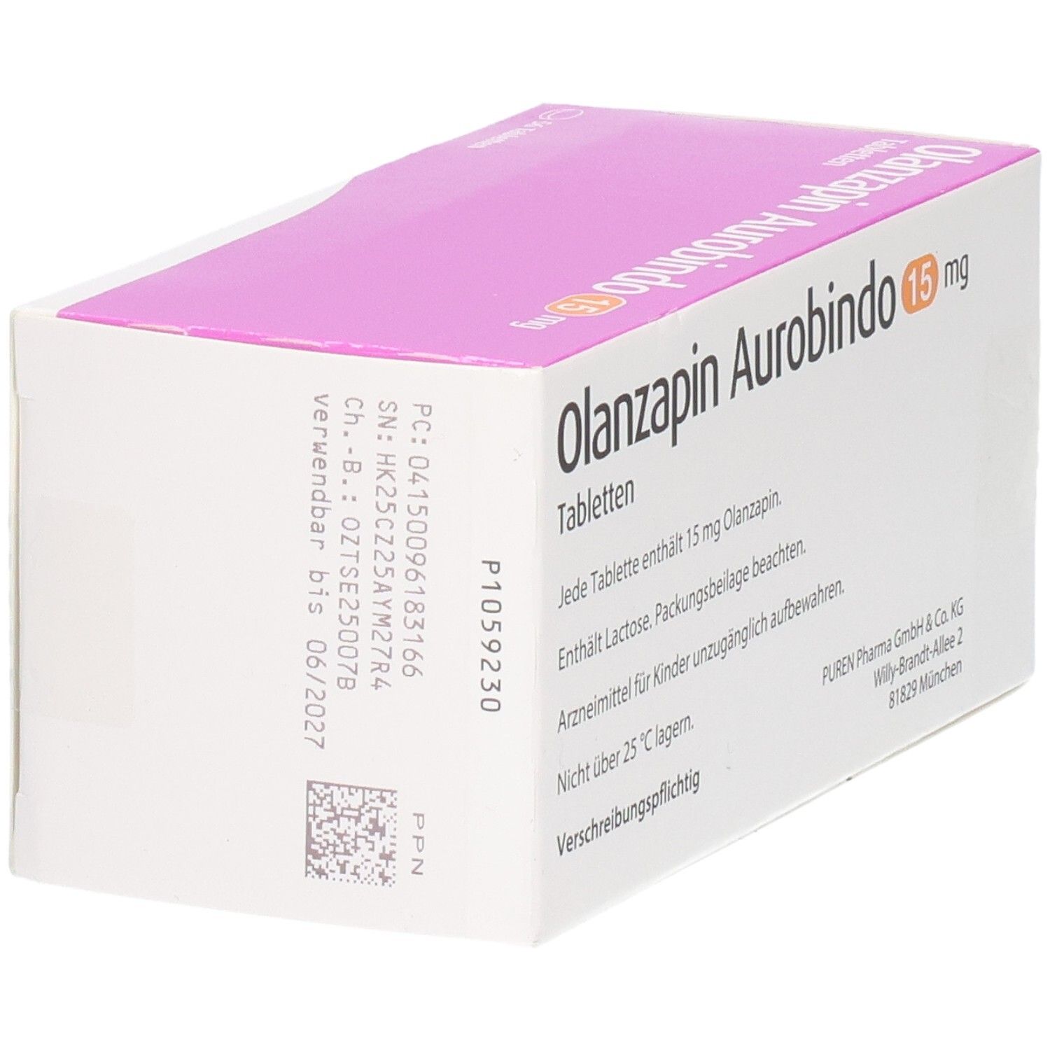 Schachtel OLANZAPIN Aurobindo 15 mg Tabletten. Weiß, pink und orange. Schriftzug: OLANZAPIN Aurobindo 15 mg. Text und Barcode.