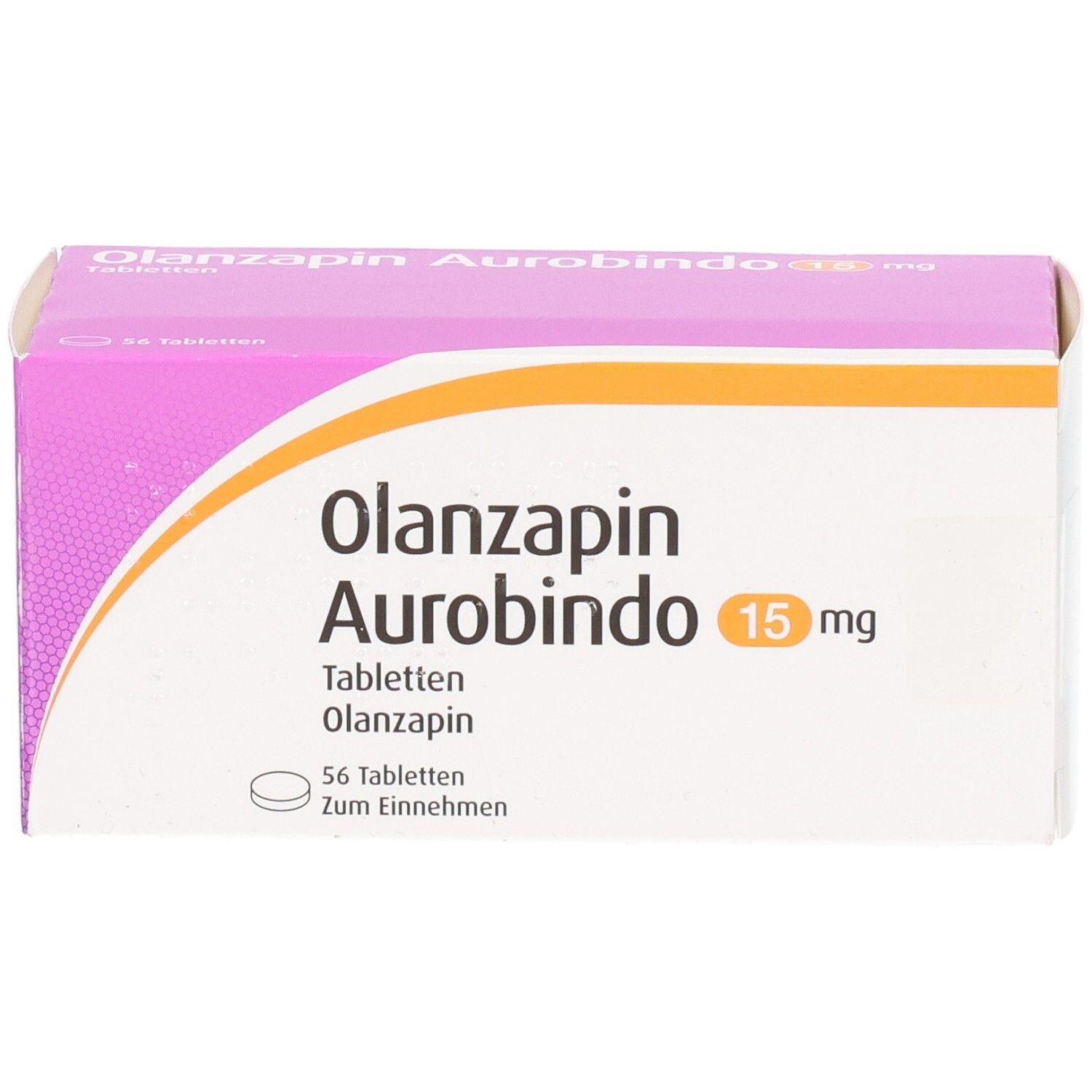 Schachtel OLANZAPIN Aurobindo 15 mg Tabletten. Weiß, pink und orange. Schriftzug: OLANZAPIN Aurobindo 15 mg. 56 Tabletten.