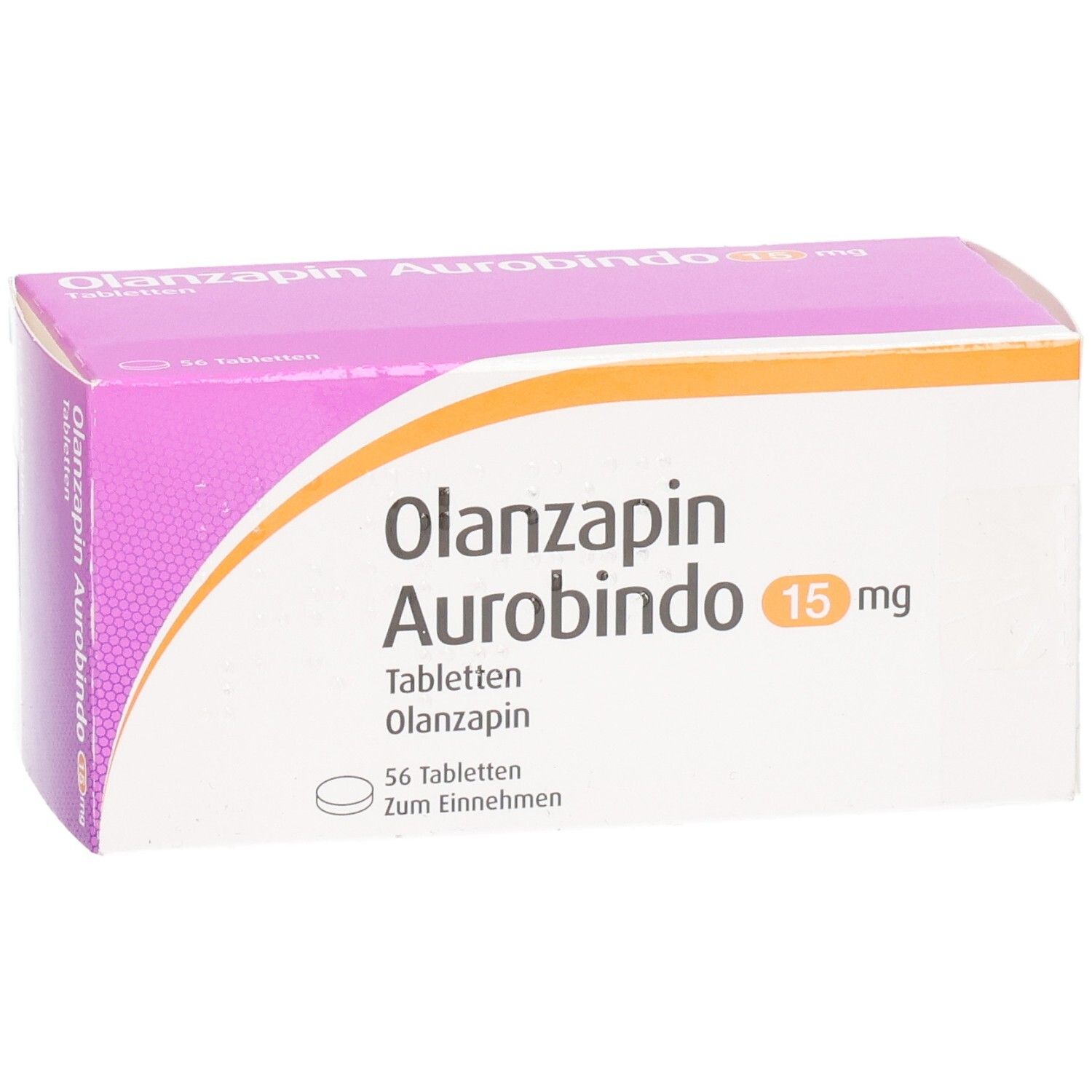 Schachtel OLANZAPIN Aurobindo 15 mg Tabletten. Weiß, pink und orange. Schriftzug: OLANZAPIN Aurobindo 15 mg. 56 Tabletten.