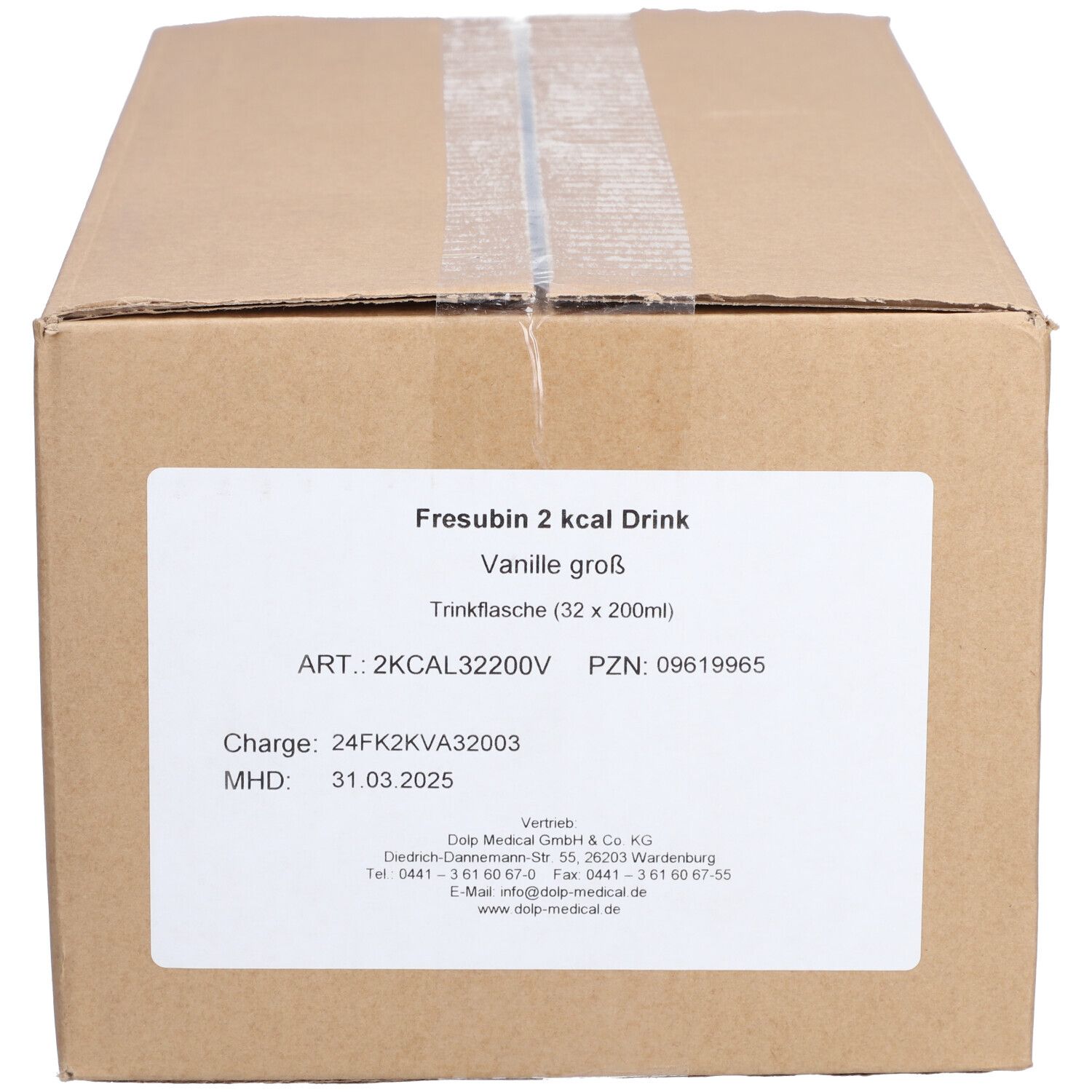 Karton mit Fresubin 2 kcal Drink Vanille, 32 Trinkflaschen à 200ml.