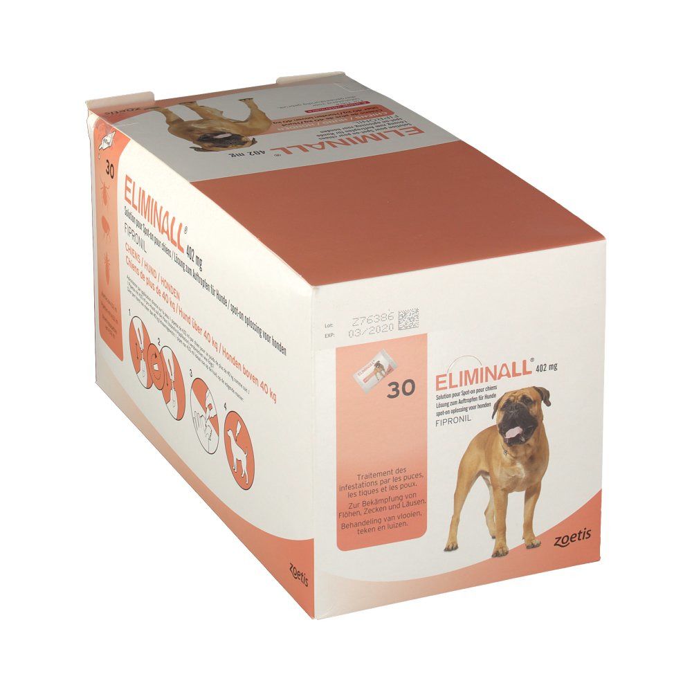Eliminall® 402 mg für Hunde. Karton mit Produktabbildung und Text. Enthält 30 Dosen. Zetis Logo. Rückseite mit Text.