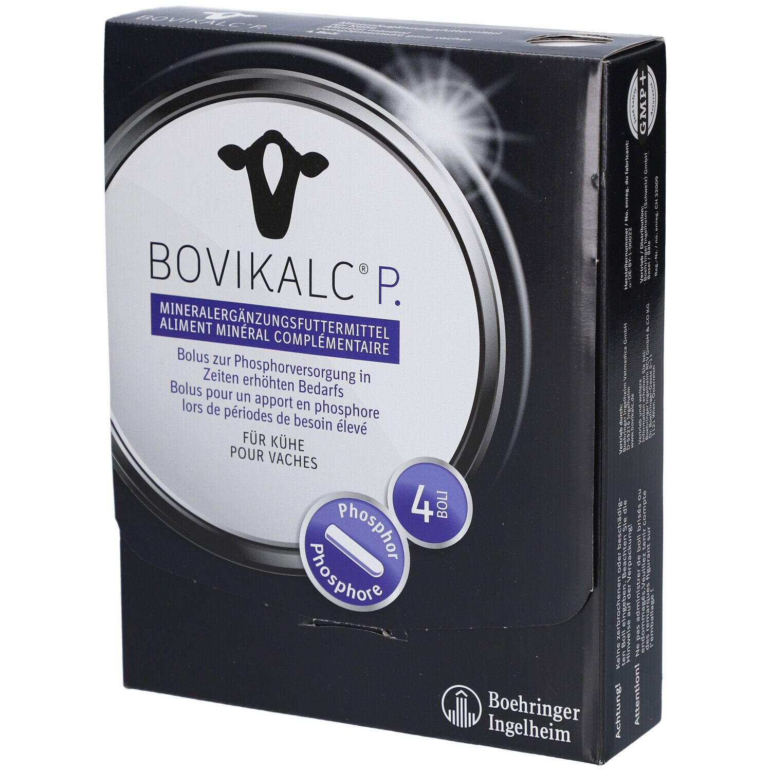 Schwarze Verpackung mit BOVIKALC® P. Mineralergänzungsmittel. Enthält 4 Bolus. Boehringer Ingelheim Logo.