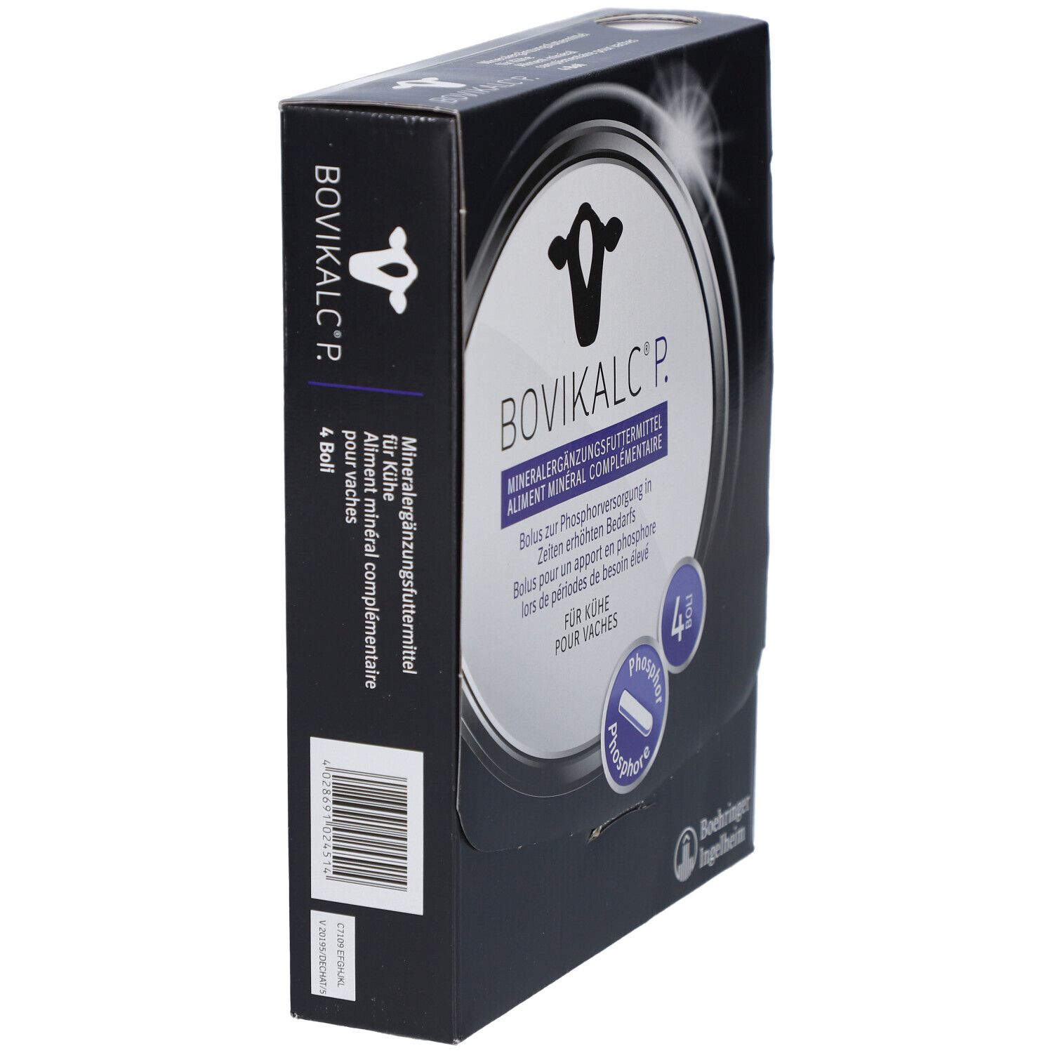 Seitenansicht der schwarzen BOVIKALC® P Verpackung. Mineralergänzungsmittel für Kühe. Enthält 4 Bolus.