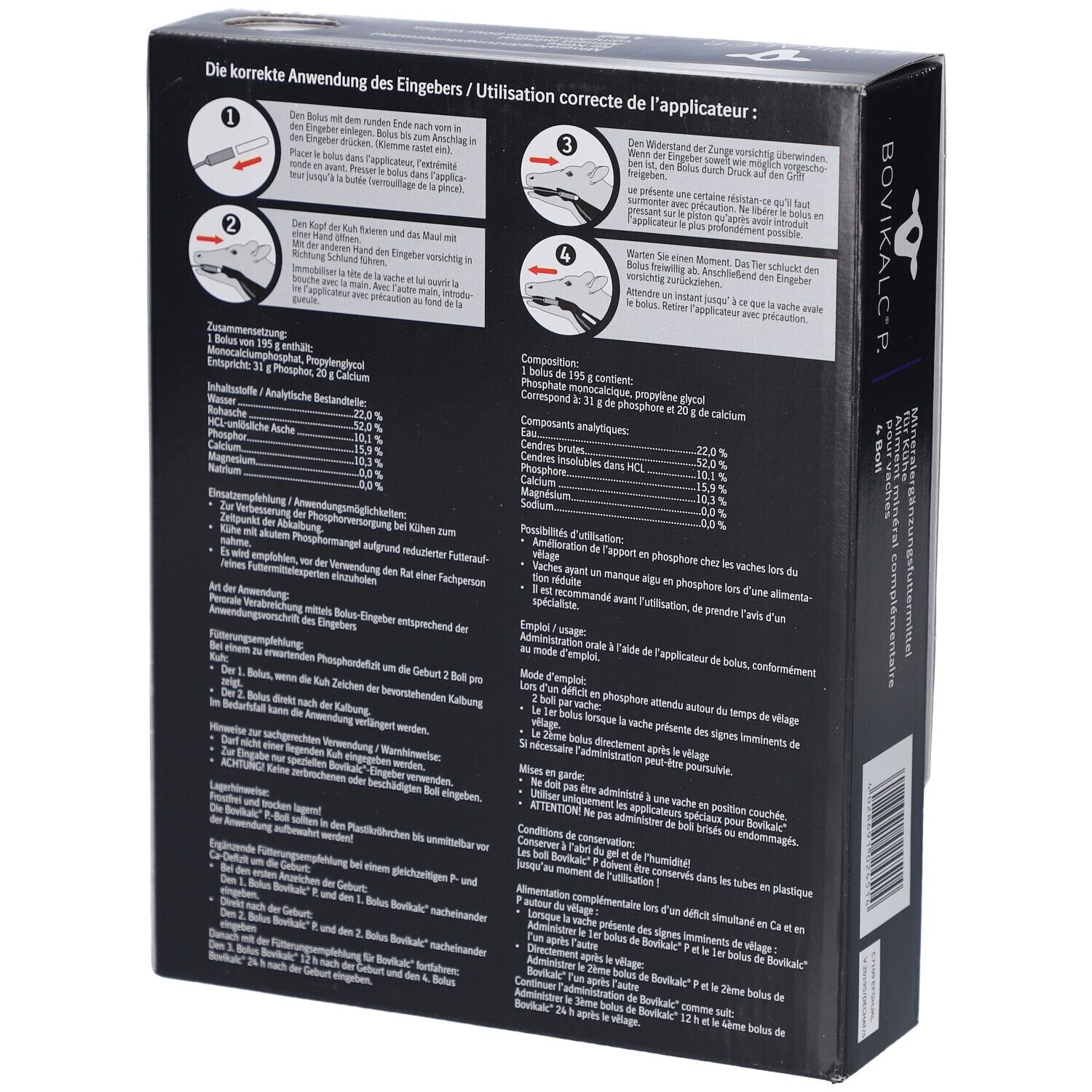 Rückseite der BOVIKALC® P Verpackung mit Anwendungsanleitung und Inhaltsstoffen. Text in Deutsch und Französisch.
