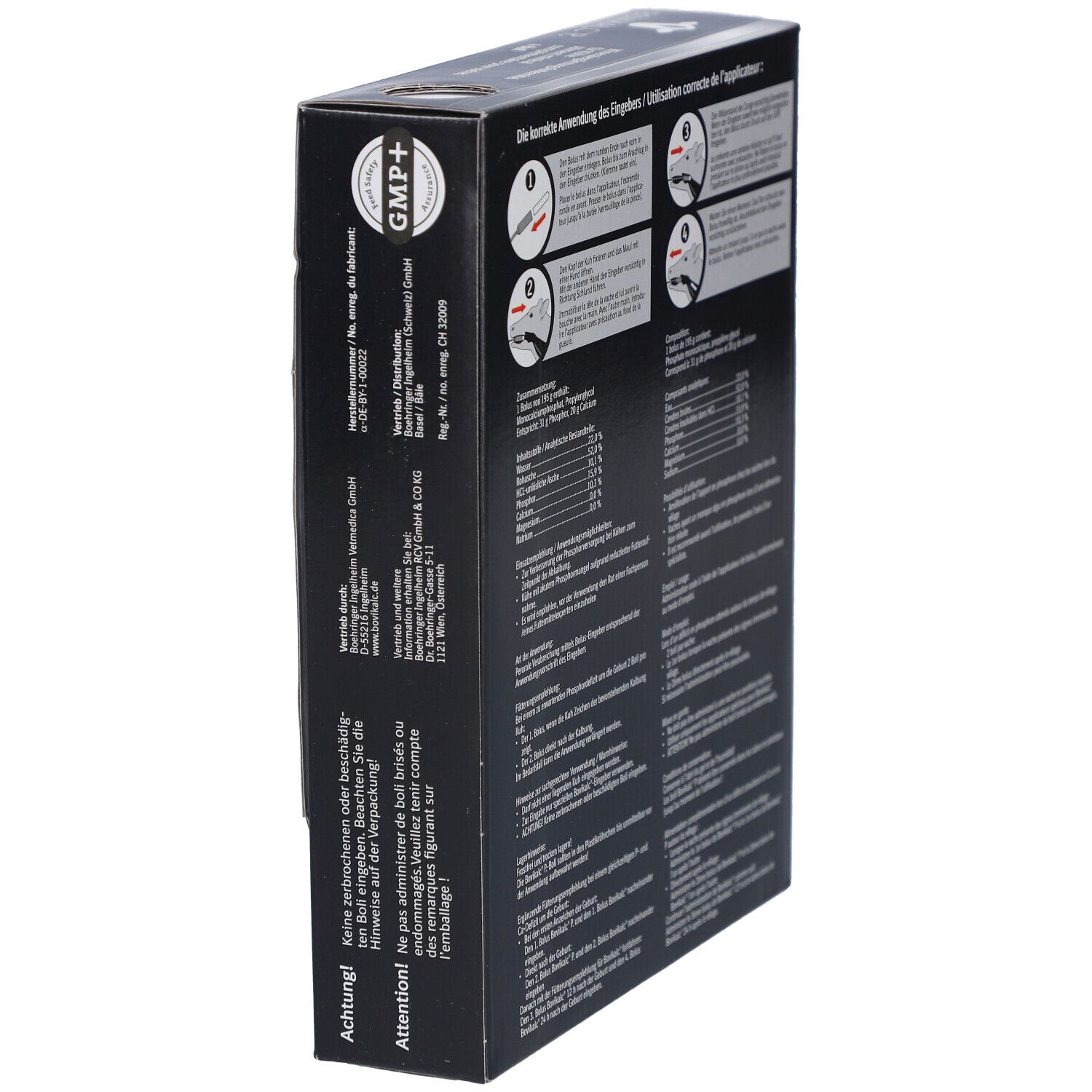 Seitenansicht der BOVIKALC® P Verpackung mit GMP+ Logo und Anweisungen. Text in Deutsch und Französisch.