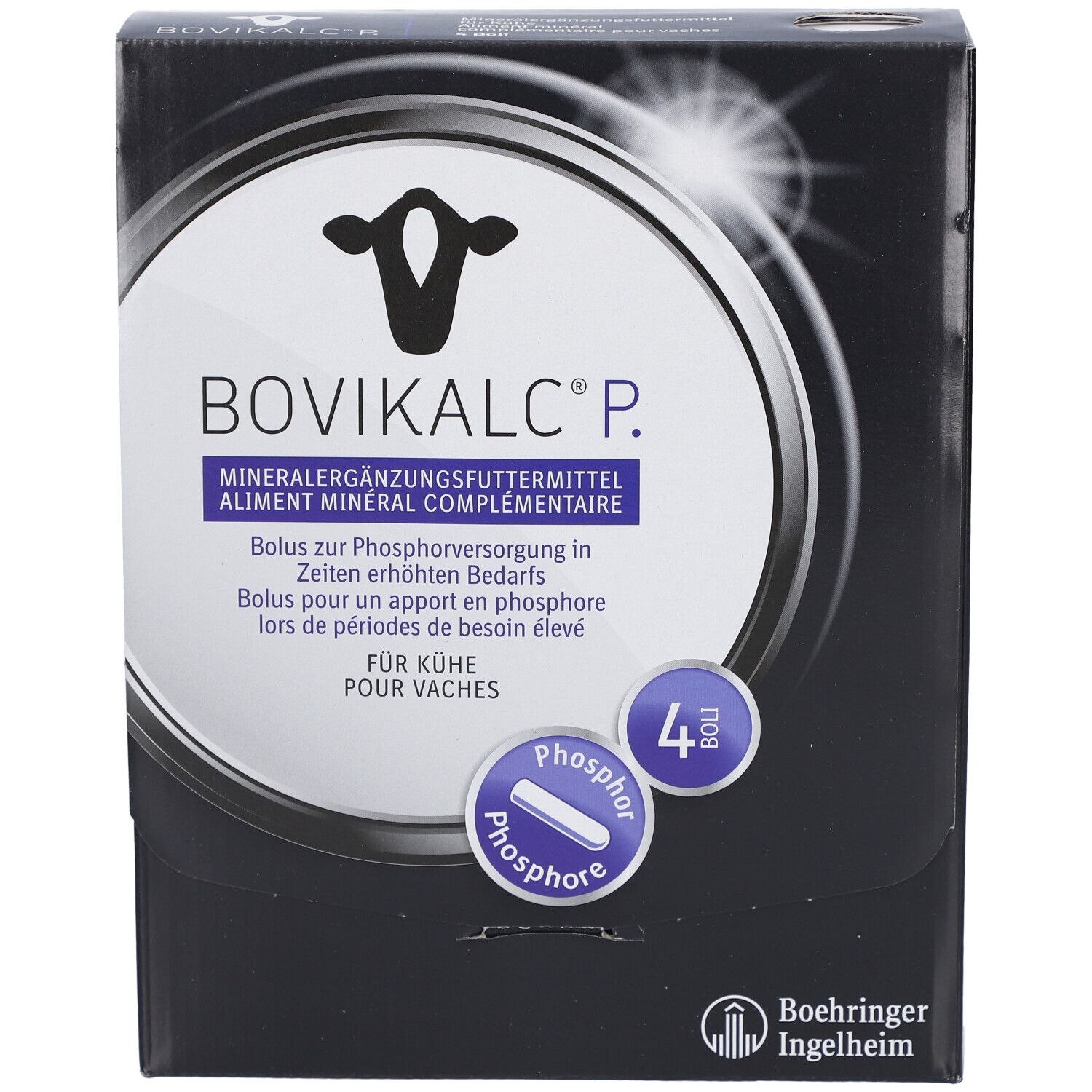 Schwarze Verpackung BOVIKALC® P. Mineralergänzungsmittel für Kühe. Enthält 4 Bolus. Boehringer Ingelheim Logo.