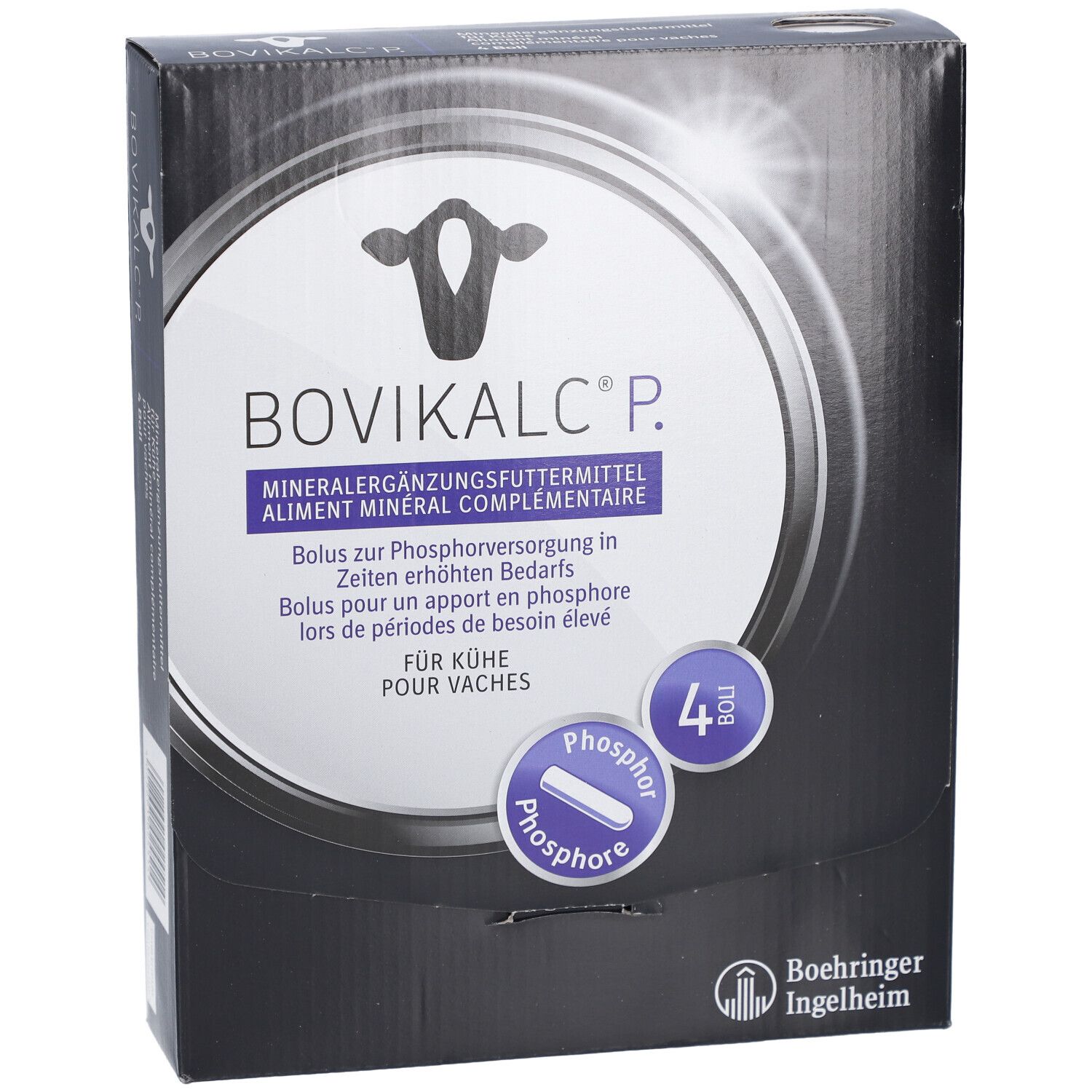 Schwarze Verpackung BOVIKALC® P. Mineralergänzungsmittel für Kühe. Enthält 4 Bolus. Boehringer Ingelheim Logo.