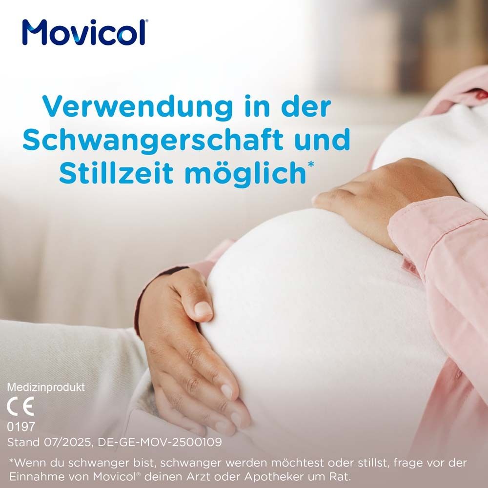 Text: Verwendung in der Schwangerschaft und Stillzeit möglich. Medizinprodukt. CE-Kennzeichnung. Frau hält Bauch.