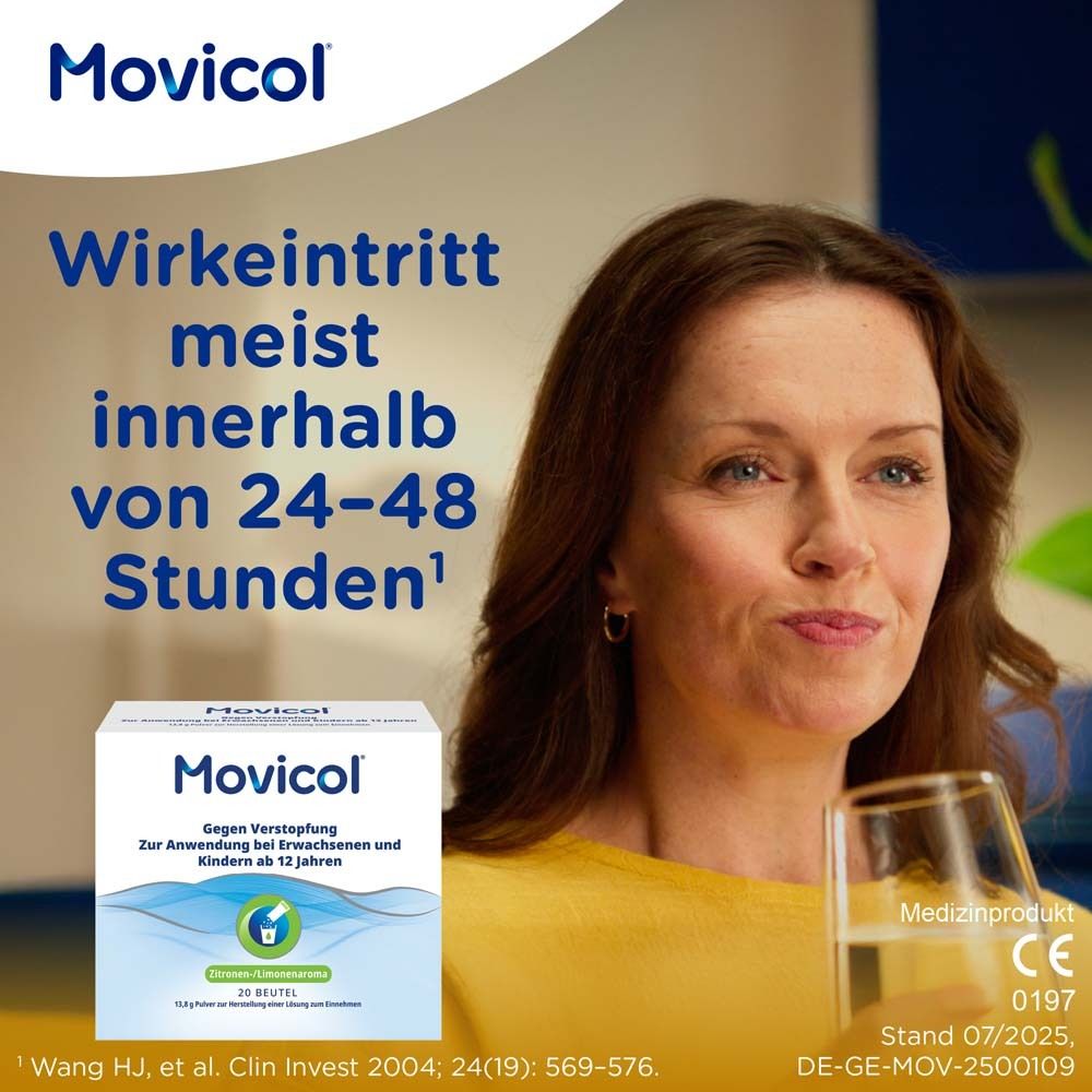 Frau mit Glas. Packung MOVICOL®. Text: Wirkungseintritt meist innerhalb von 24-48 Stunden. Medizinprodukt.