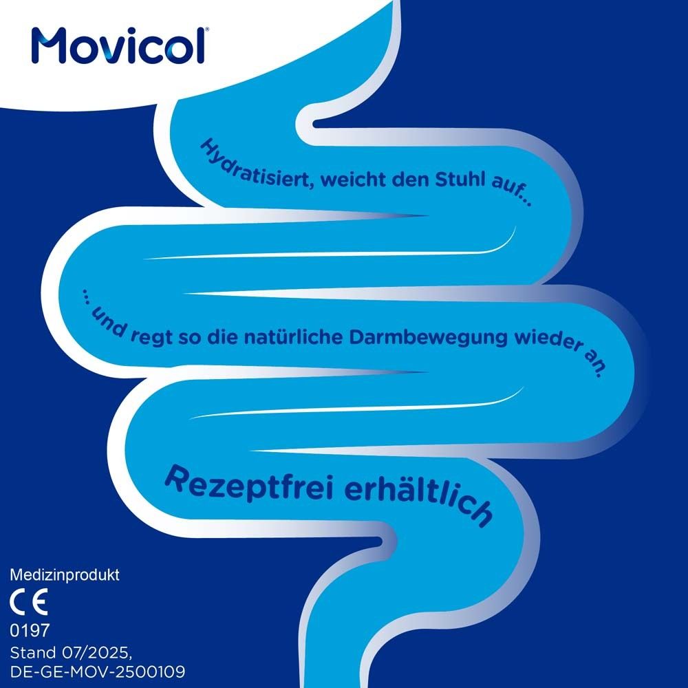 Blaues Design mit Text: Hydratisiert, weicht den Stuhl auf... und regt so die natürliche Darmbewegung wieder an. Rezeptfrei erhältlich.