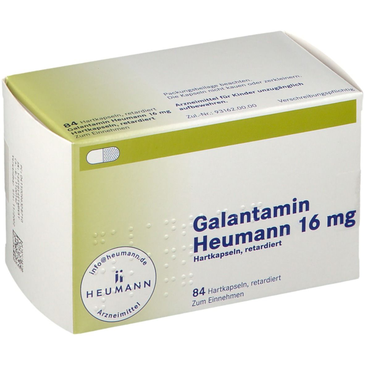 Schachtel mit Galantamin Heumann 16 mg Hartkapseln retardiert. 84 Kapseln. Heumann Logo.