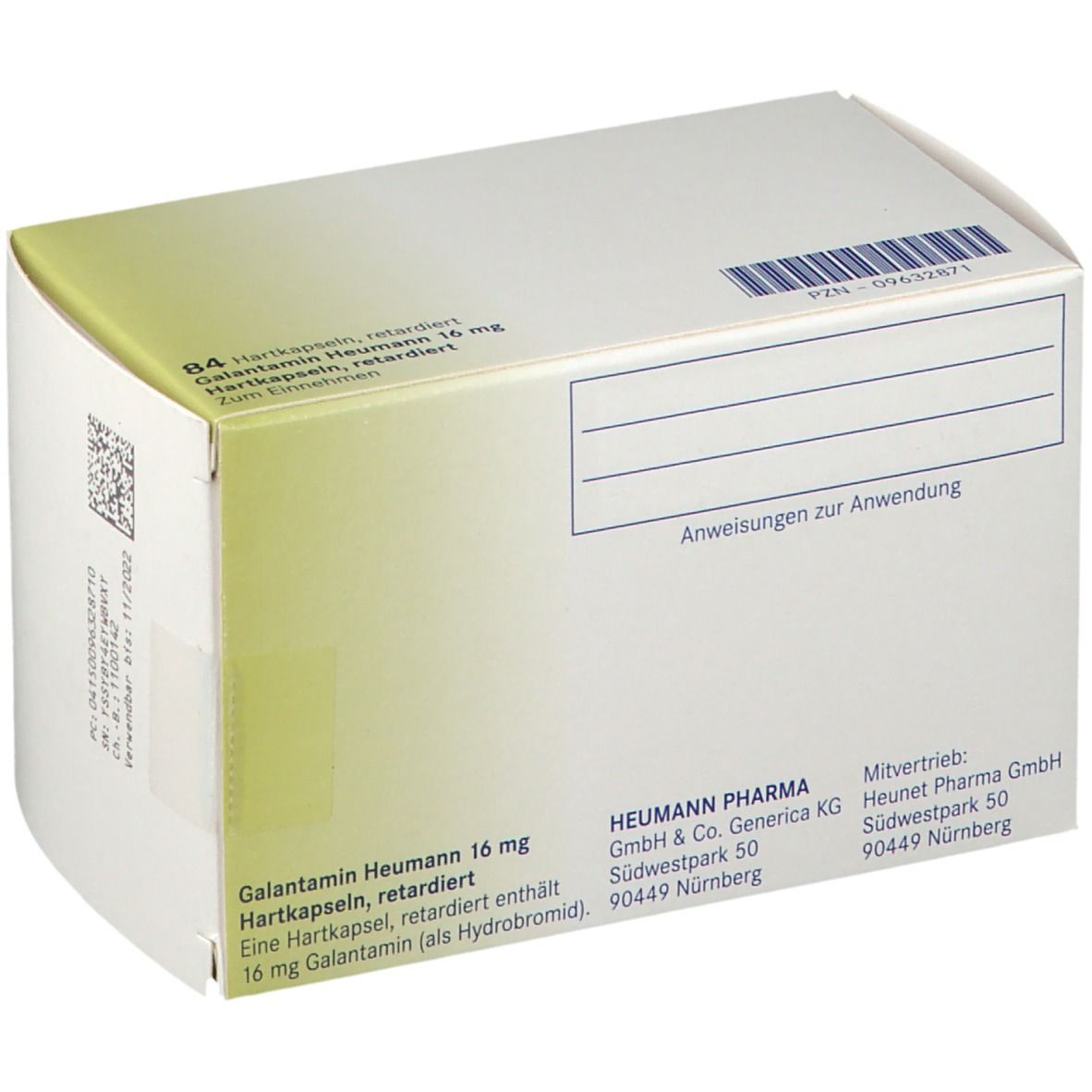 Rückseite der Schachtel mit Galantamin Heumann 16 mg Hartkapseln retardiert. Text und Barcode.