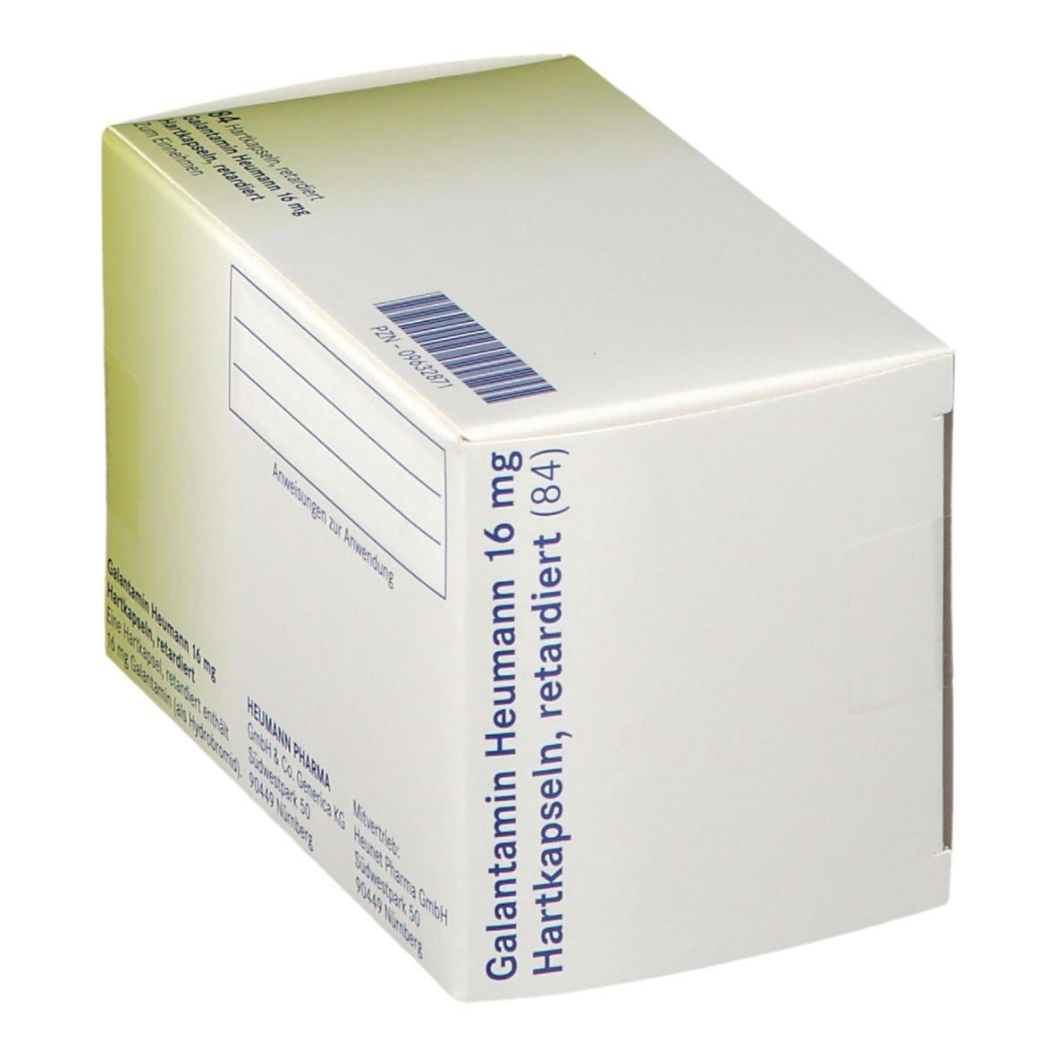 Schachtel mit Galantamin Heumann 16 mg Hartkapseln retardiert. Seitliche Ansicht mit Barcode.