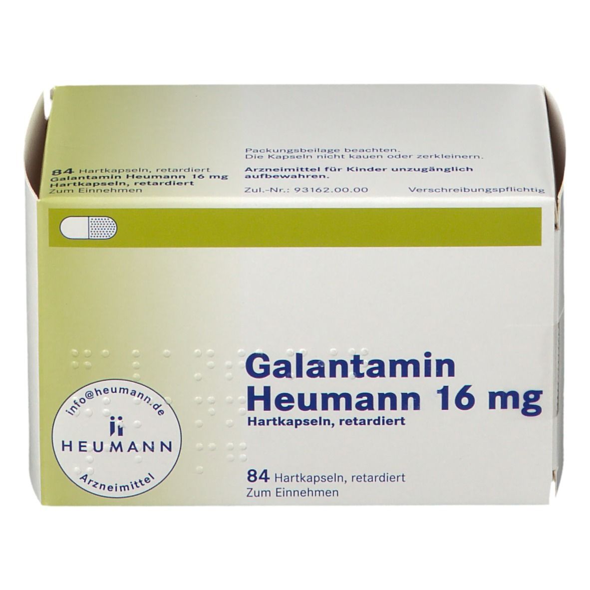 Schachtel mit Galantamin Heumann 16 mg Hartkapseln retardiert. 84 Kapseln. Heumann Logo.