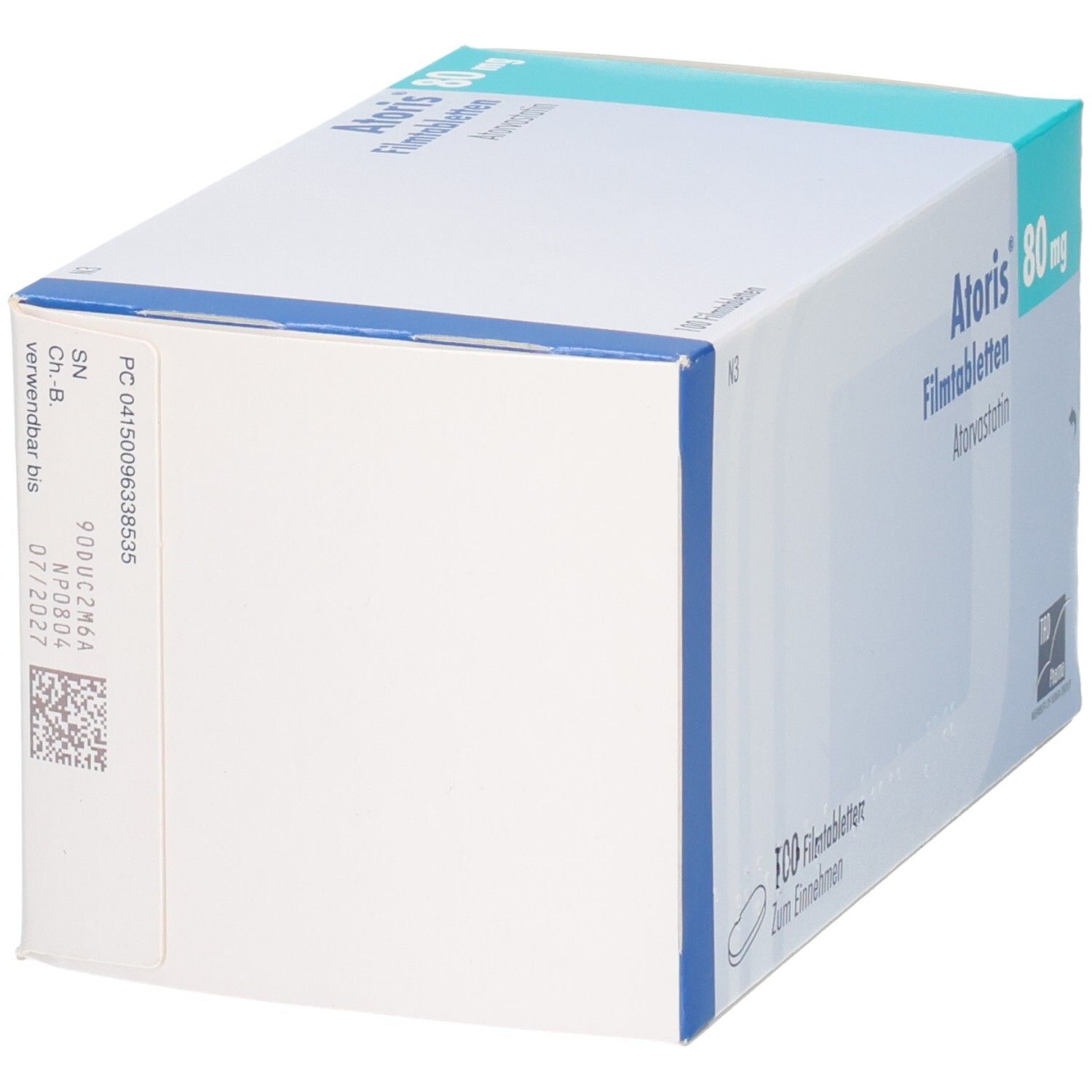 Rückseite der ATORIS 80 mg Filmtabletten Packung mit Chargennummer und Verfallsdatum.