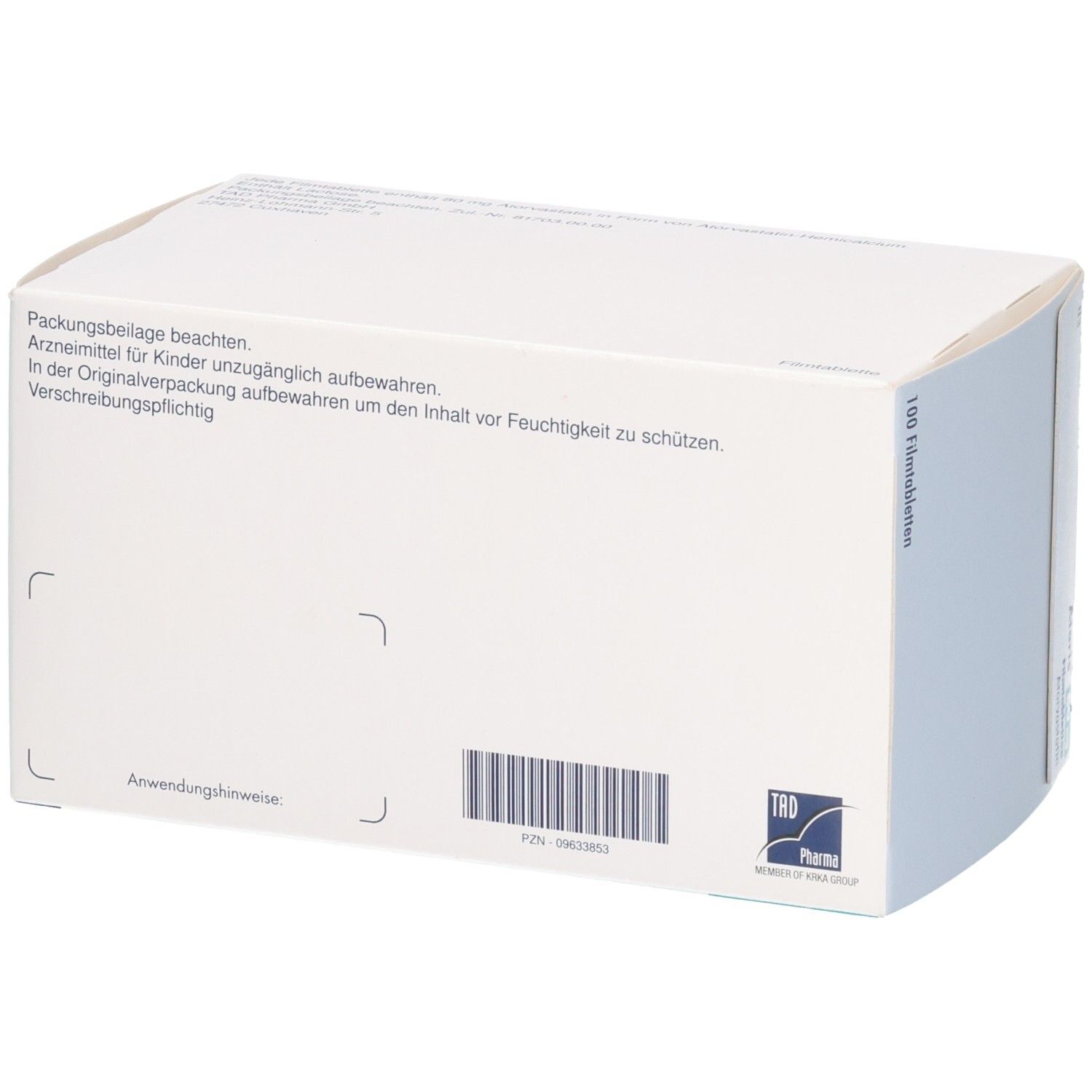 Seitenansicht der ATORIS 80 mg Filmtabletten Packung mit Anwendungshinweisen.