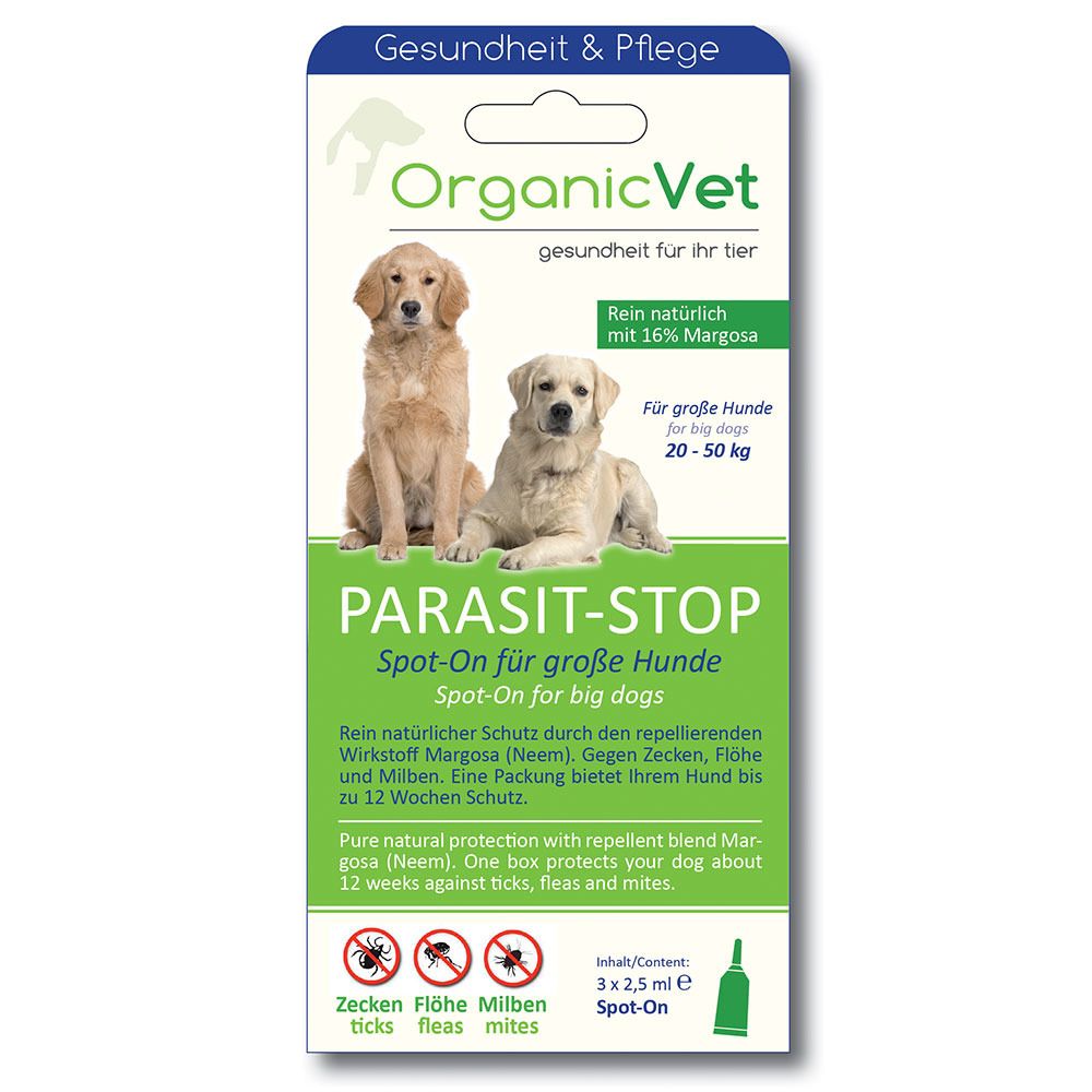 Verpackung mit Produktabbildung und Text. Enthält Produktnamen, Hundeabbildung und Informationen für große Hunde.