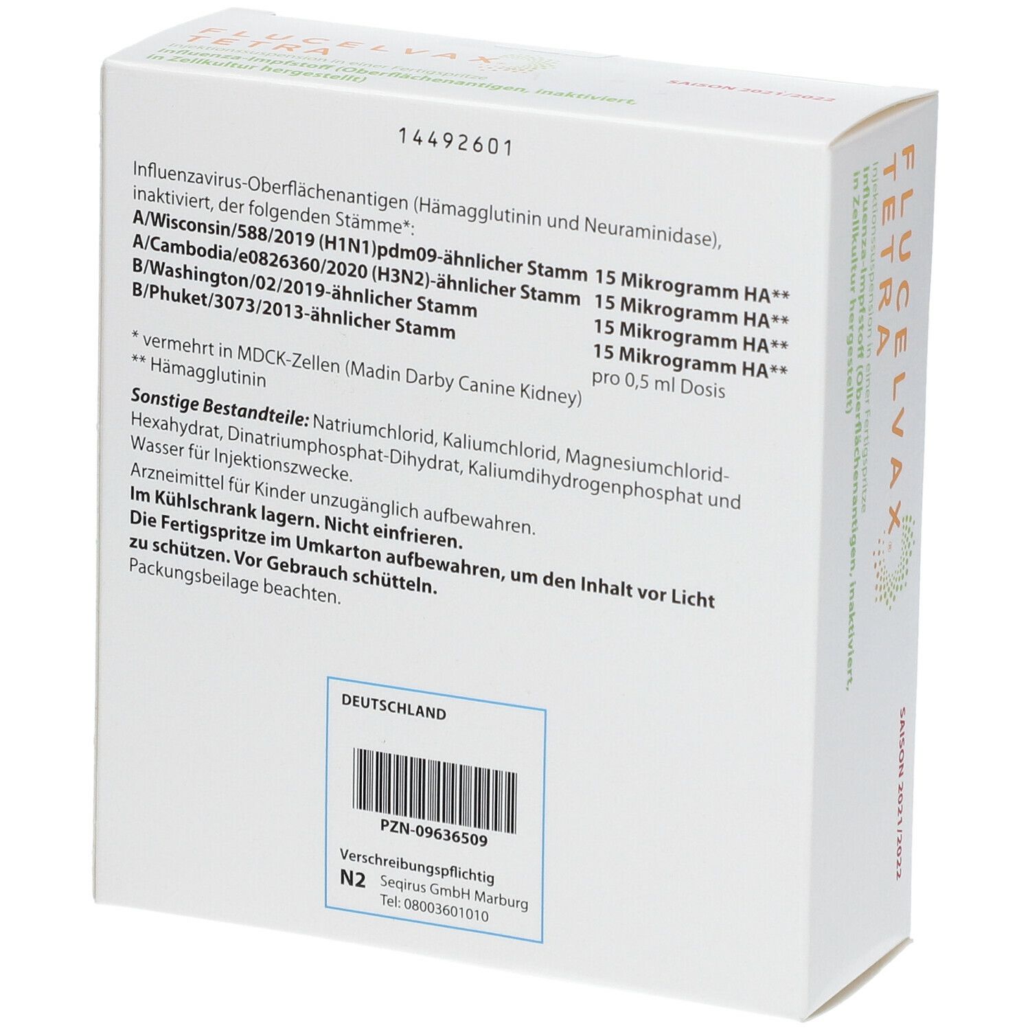 Rückseite der Verpackung mit Inhaltsstoffen und Herstellerinformationen. Text in deutscher Sprache. PZN-Nummer und Barcode.