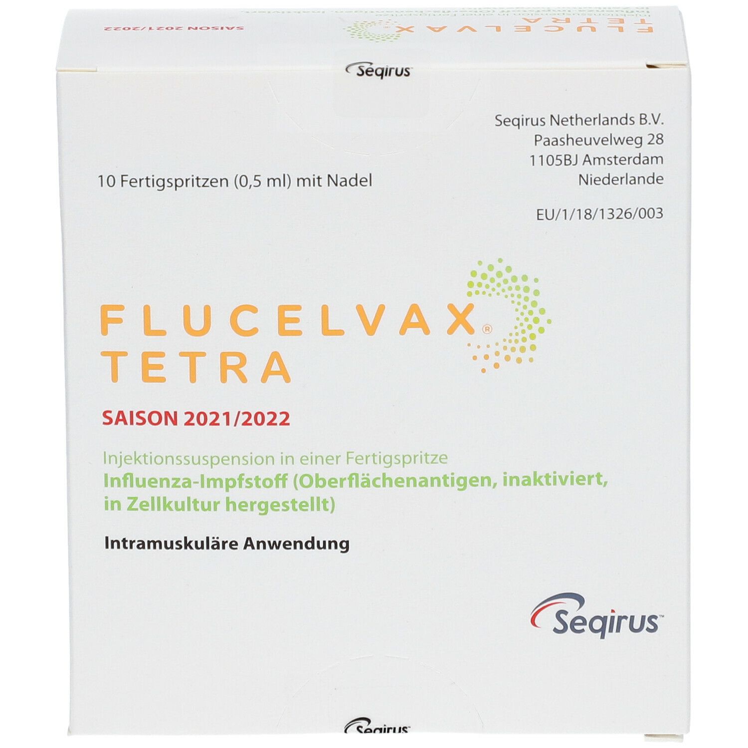 Vorderseite der Verpackung mit Flucelvax Tetra-Logo, Saisonangabe und Herstellerinformationen. Text in deutscher Sprache. 10 Fertigspritzen.