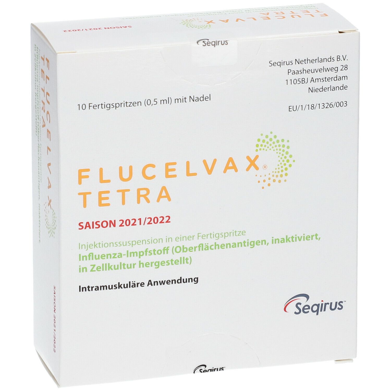 Verpackung mit Flucelvax Tetra-Logo, Saisonangabe und Herstellerinformationen. Text in deutscher Sprache. 10 Fertigspritzen mit Nadel.