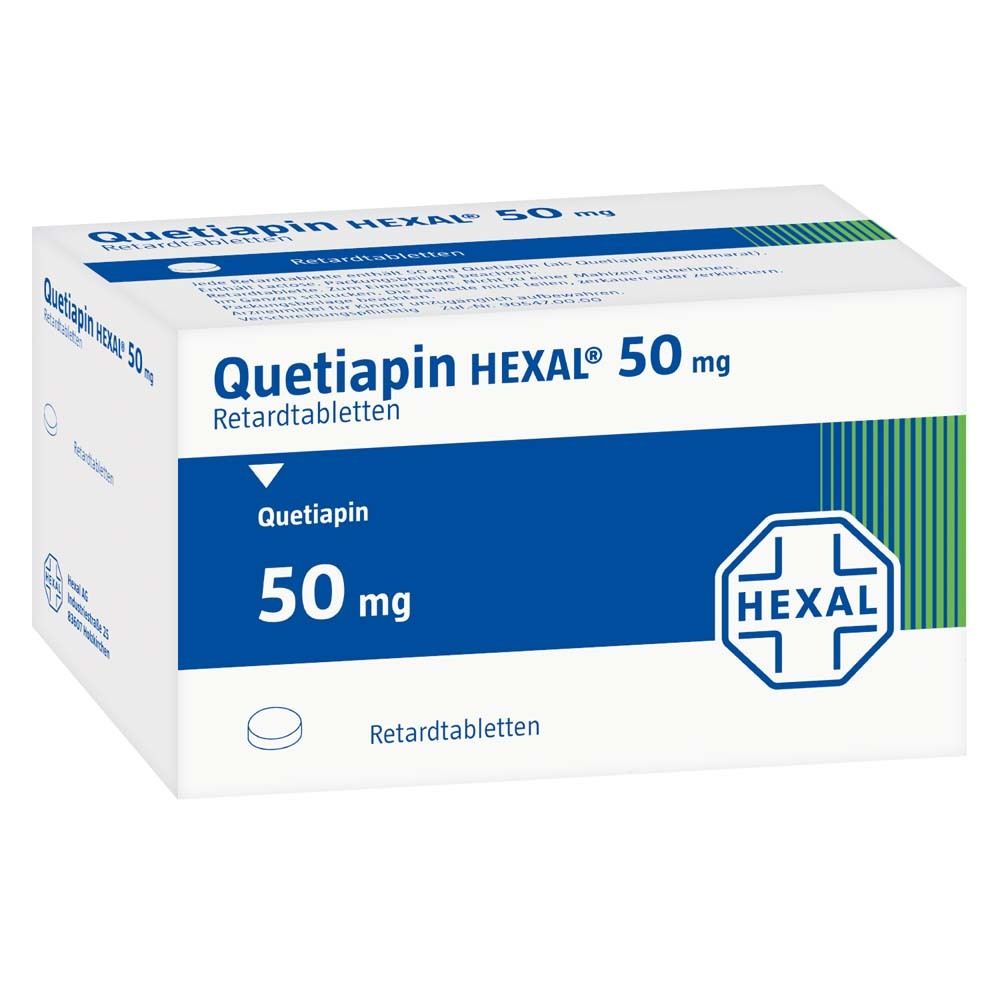 Schachtel mit Quetiapin HEXAL® 50 mg Retardtabletten. Blaue und weiße Verpackung mit Logo und Produktinformationen. Tabletten-Symbol.