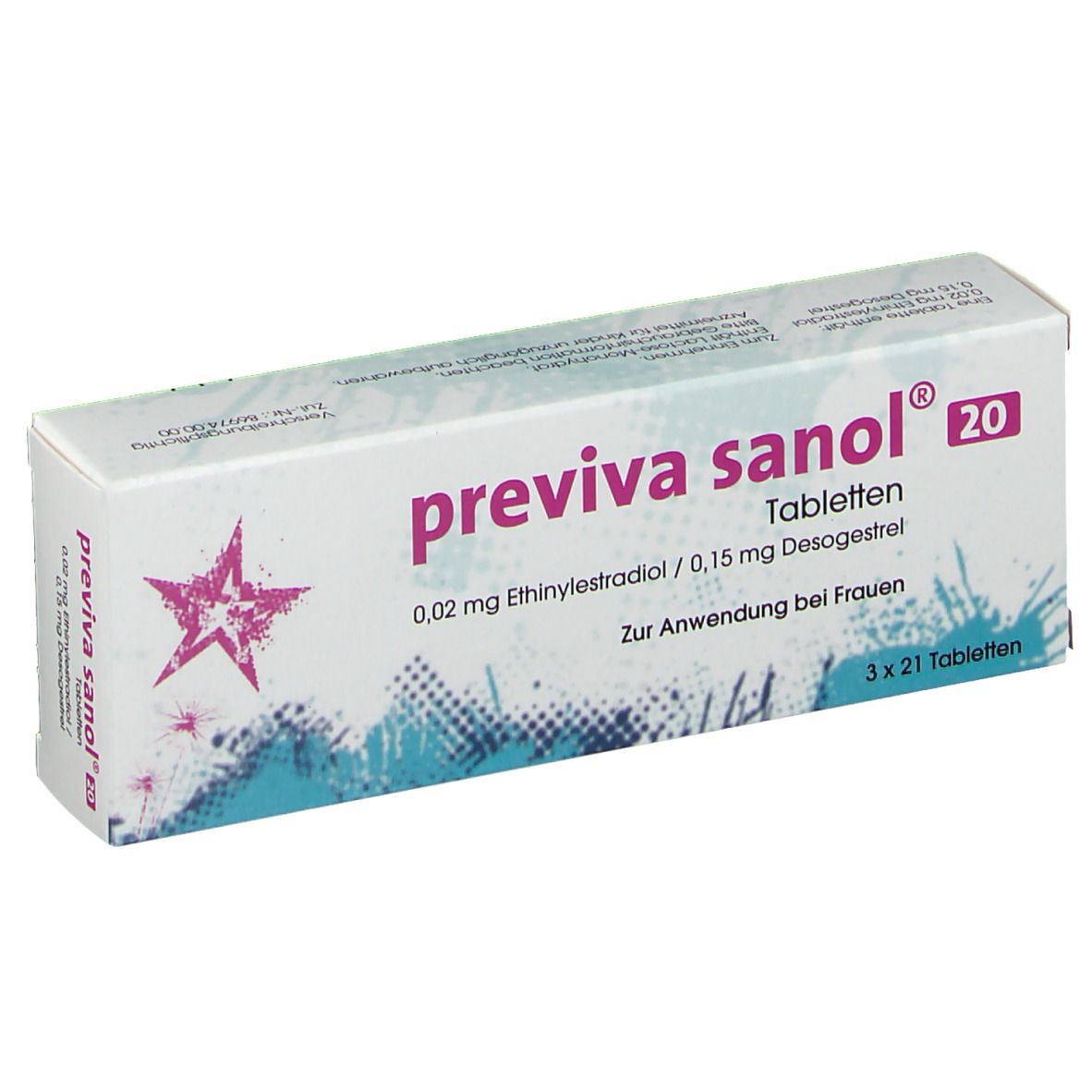 Schachtel mit "previva sanol 20" Tabletten. Enthält 0,02 mg Ethinylestradiol/0,15 mg Desogestrel. 3 x 21 Tabletten.