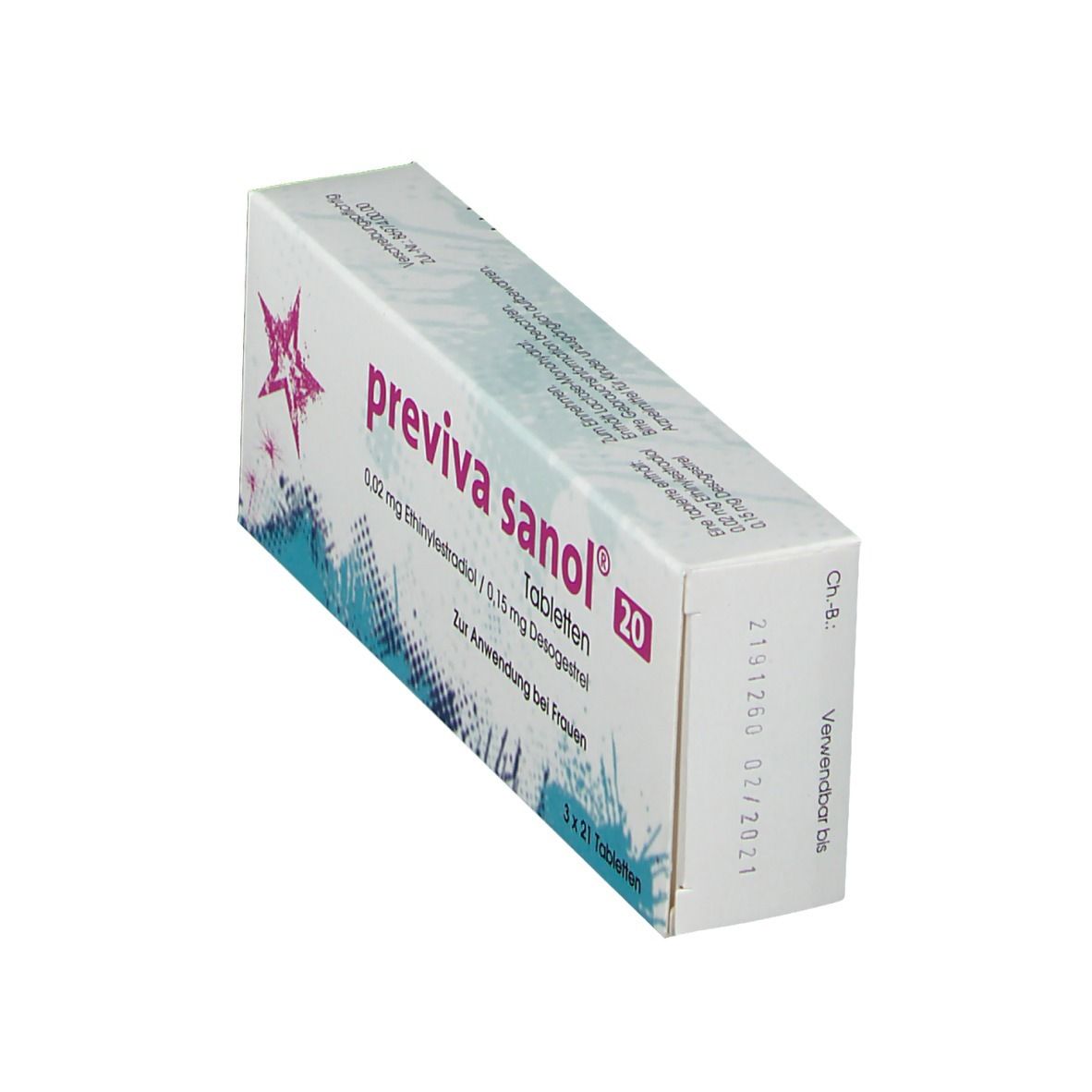 Schräg stehende Schachtel "previva sanol 20" Tabletten. Enthält 0,02 mg Ethinylestradiol/0,15 mg Desogestrel. 3 x 21 Tabletten.