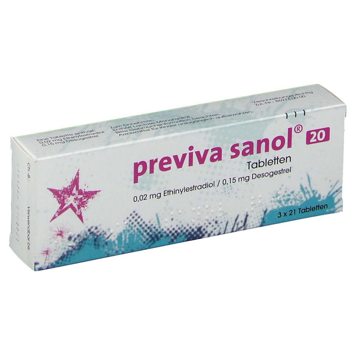 Schachtel "previva sanol 20" Tabletten. Enthält 0,02 mg Ethinylestradiol/0,15 mg Desogestrel. 3 x 21 Tabletten.