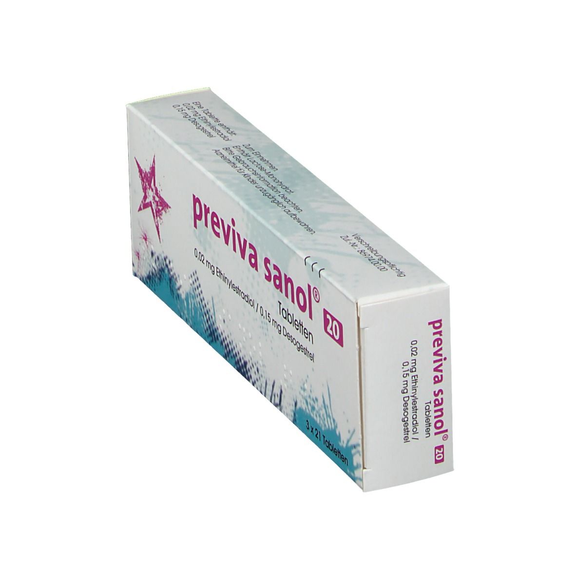 Schräg stehende Schachtel "previva sanol 20" Tabletten. Enthält 0,02 mg Ethinylestradiol/0,15 mg Desogestrel. 3 x 21 Tabletten.