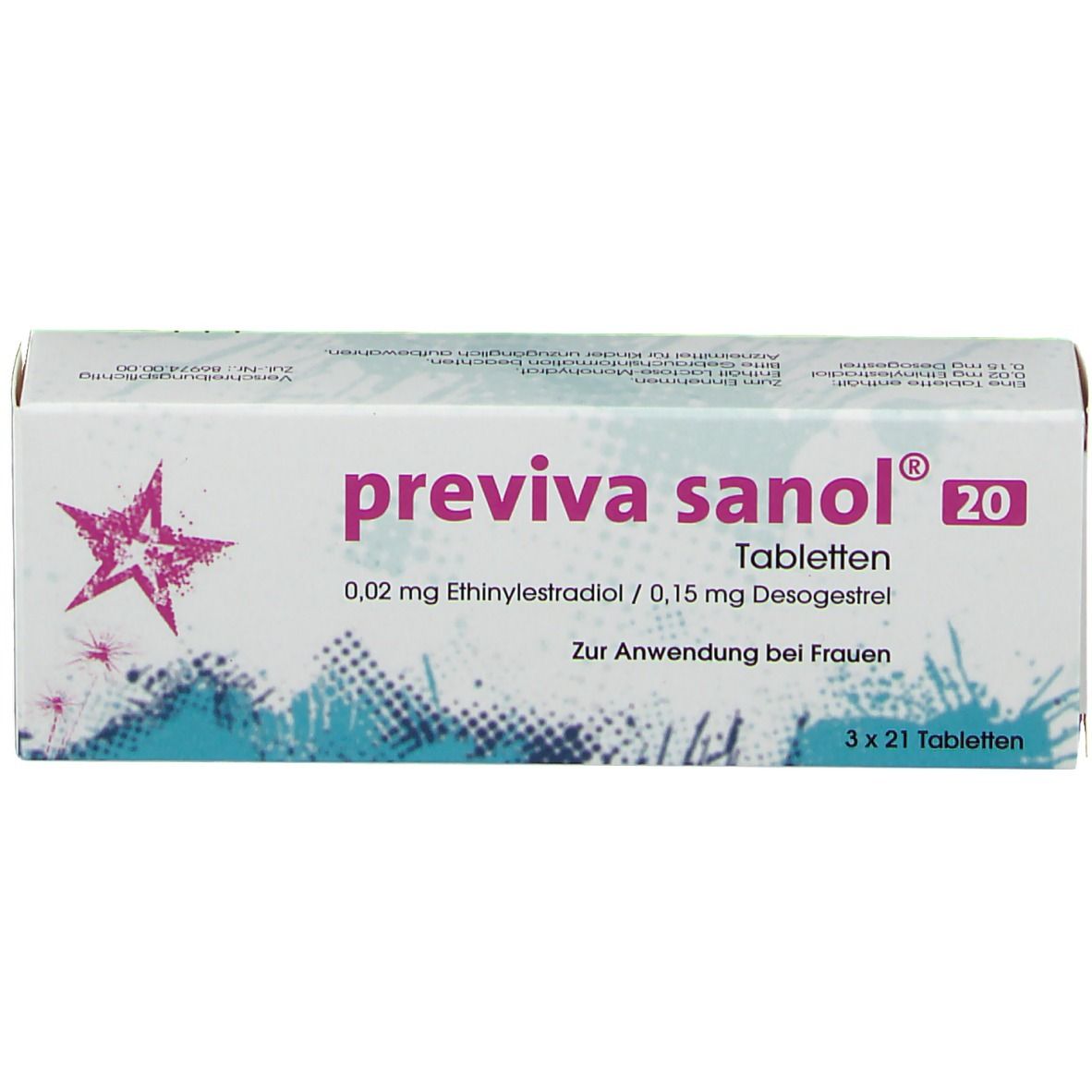 Schachtel "previva sanol 20" Tabletten. Enthält 0,02 mg Ethinylestradiol/0,15 mg Desogestrel. 3 x 21 Tabletten.