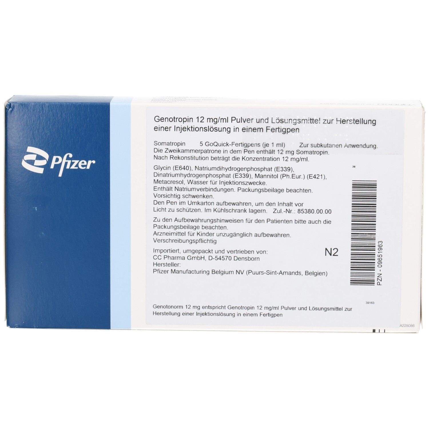 Rückseite der Genotonorm 12 mg Verpackung. Text: Genotonorm 12 mg/ml Pulver und Lösungsmittel zur Herstellung einer Injektionslösung.