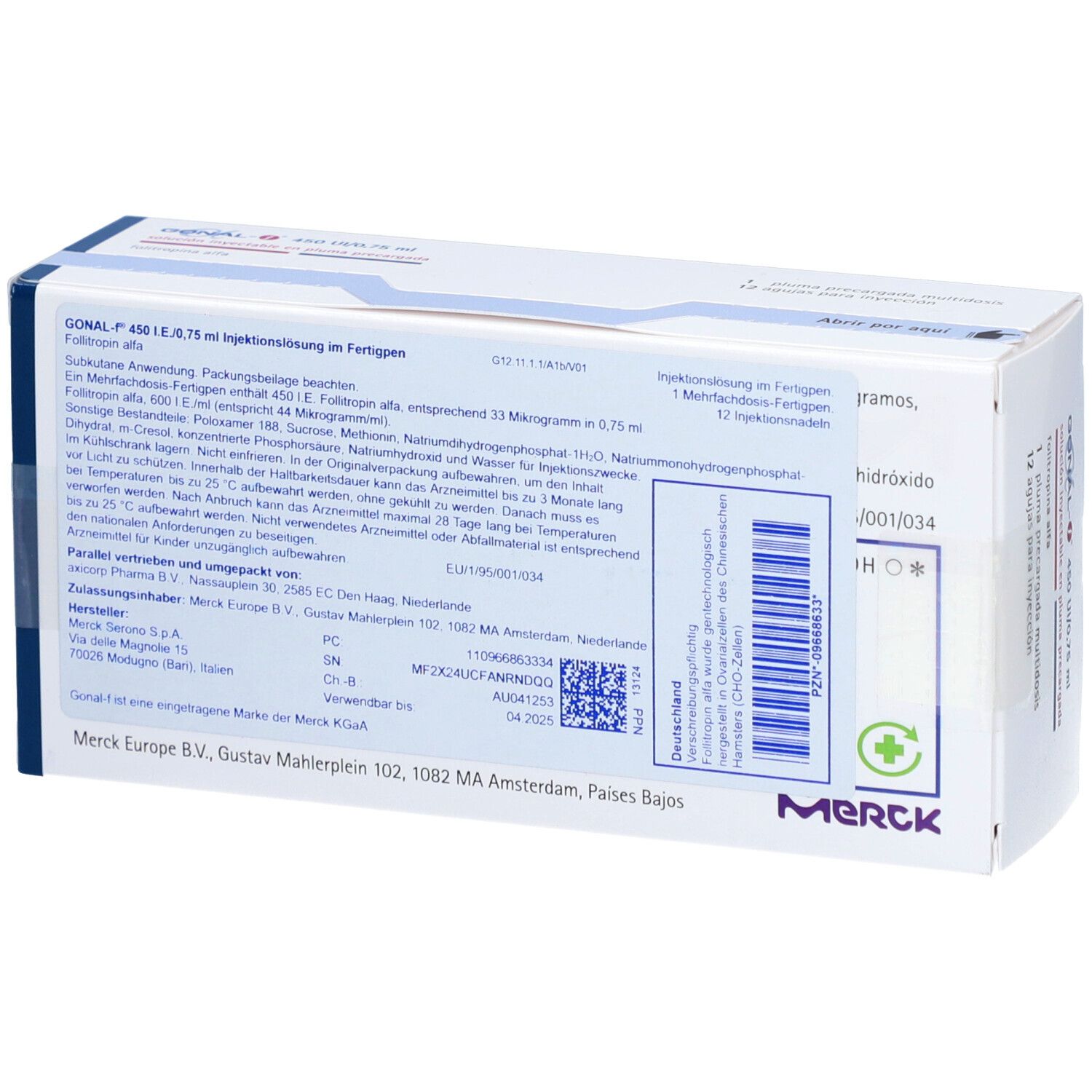 Rückseite der Gonal-F 450 UI/0,75 ml Verpackung. Textinformationen und Logos. Merck-Logo.