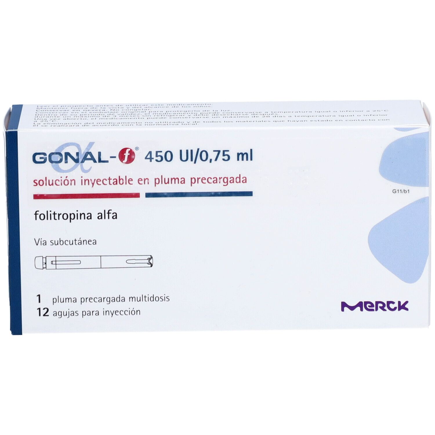Gonal-F 450 UI/0,75 ml Verpackung. Enthält eine Fertigpen und 12 Injektionsnadeln. Merck-Logo.