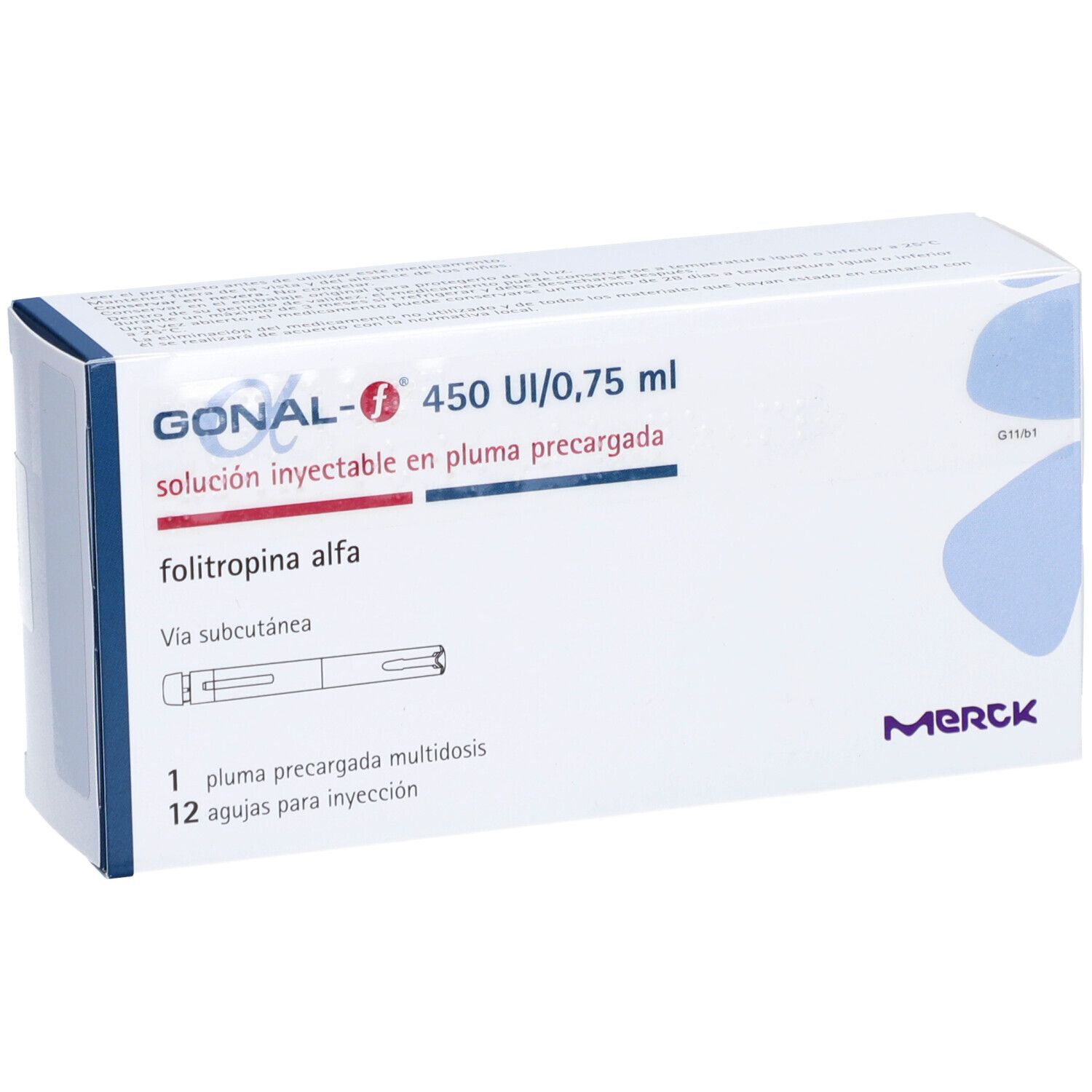 Gonal-F 450 UI/0,75 ml Verpackung. Enthält eine Fertigpen und 12 Injektionsnadeln. Merck-Logo.