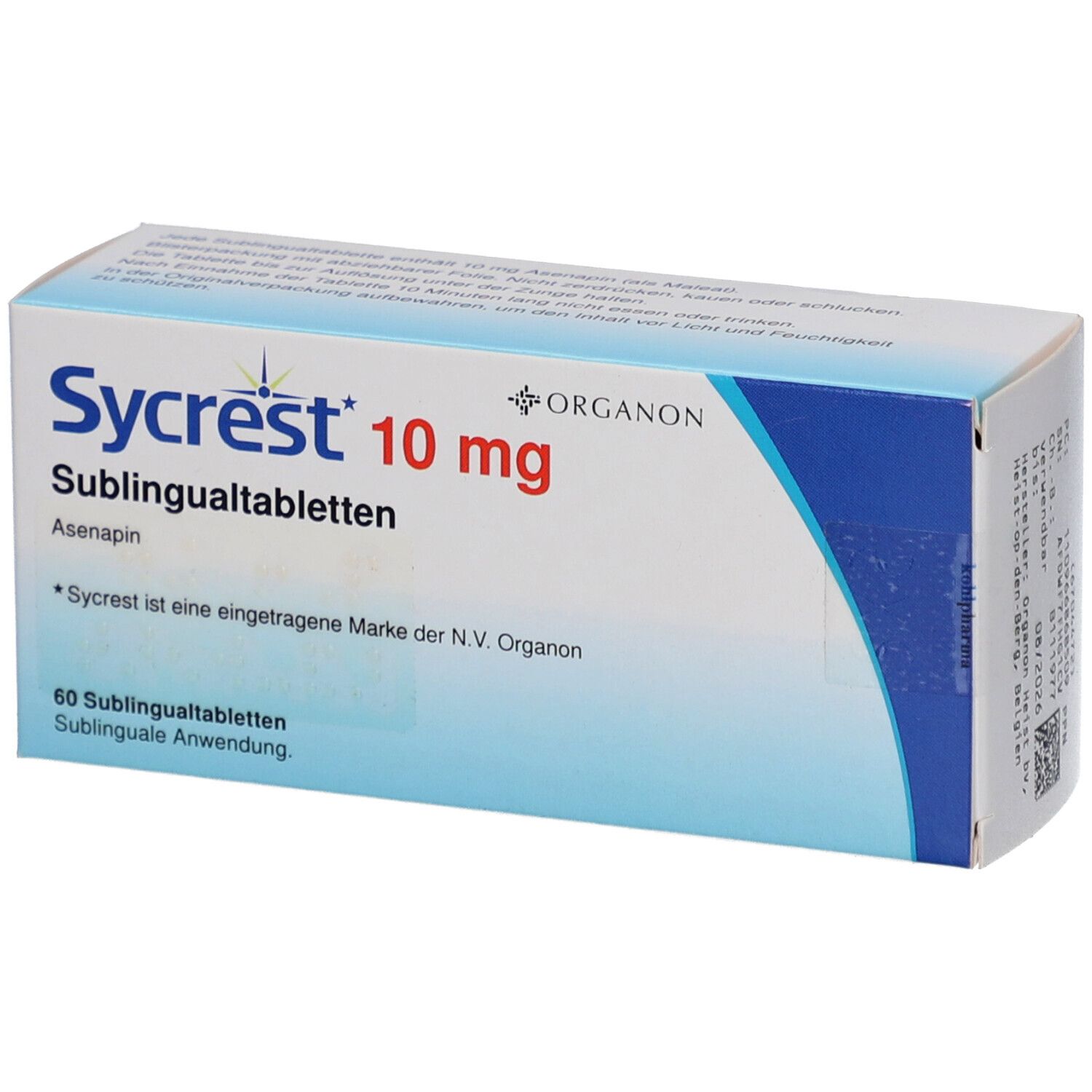 Schachtel mit Sycrest 10 mg Sublingualtabletten. Aufschrift: 60 Sublingualtabletten. Marke Organon.