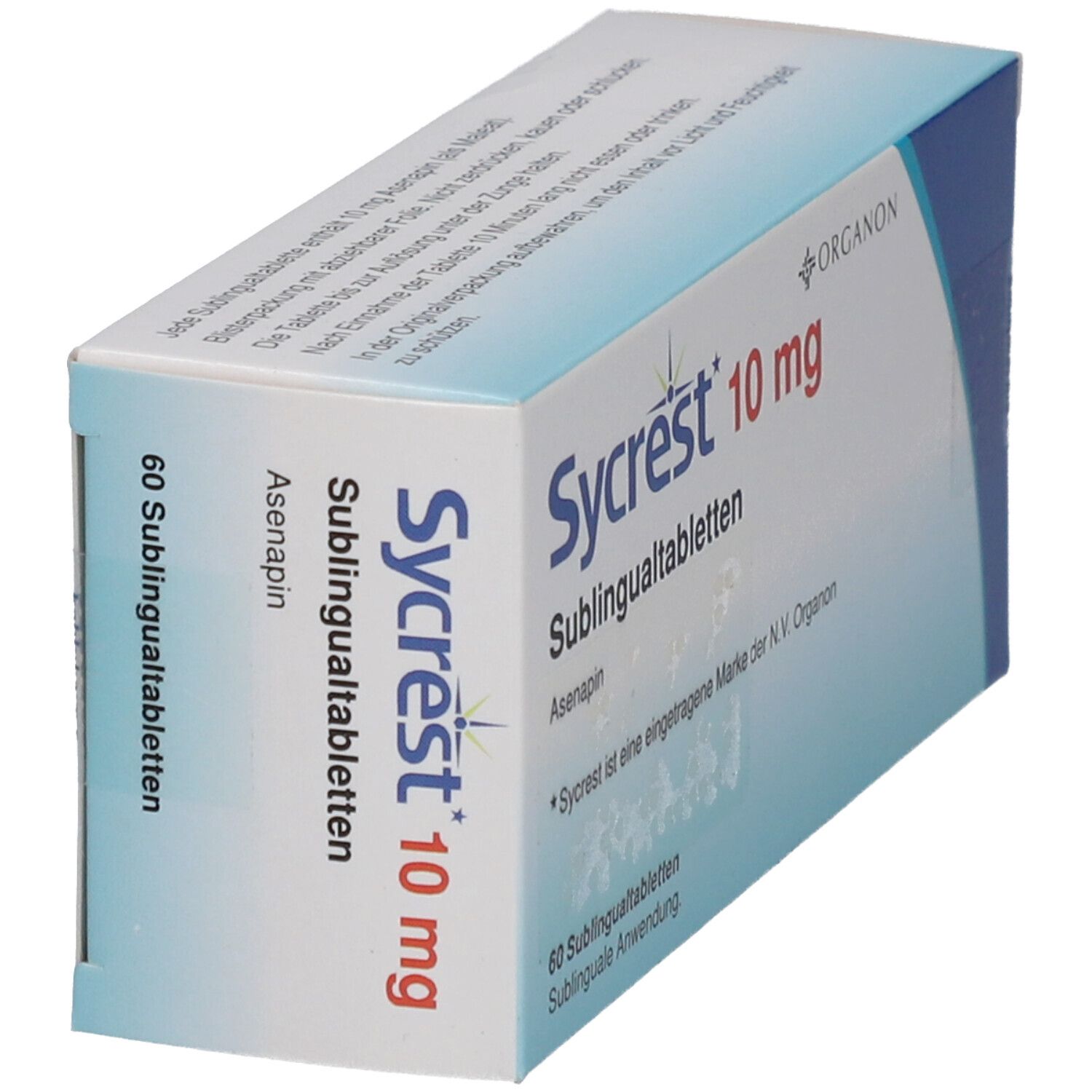 Schachtel mit Sycrest 10 mg Sublingualtabletten. Aufschrift: 60 Sublingualtabletten. Marke Organon.