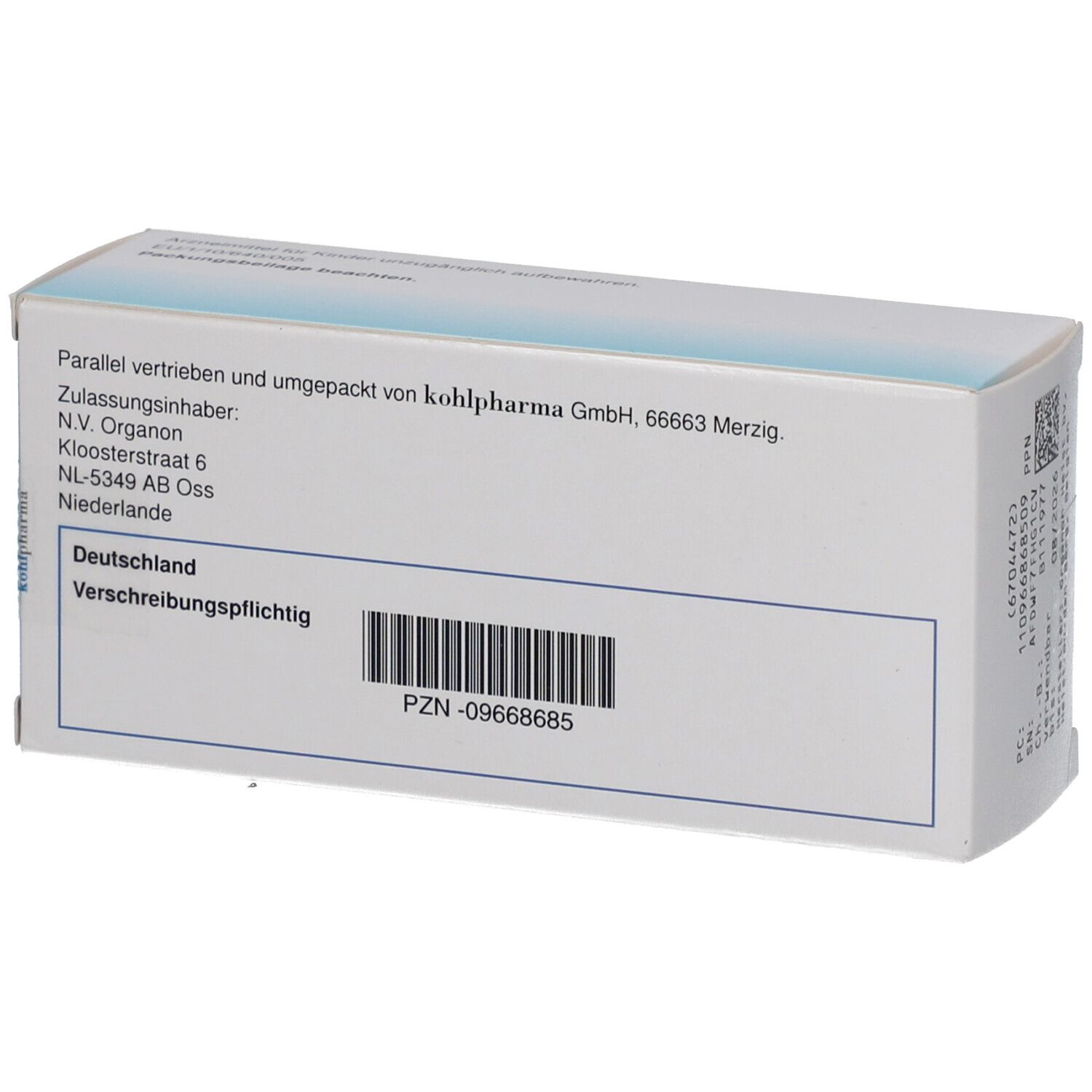Rückseite der Schachtel mit Sycrest 10 mg. Text: Zulassungsinhaber, Deutschland, Verschreibungspflichtig, Barcode.